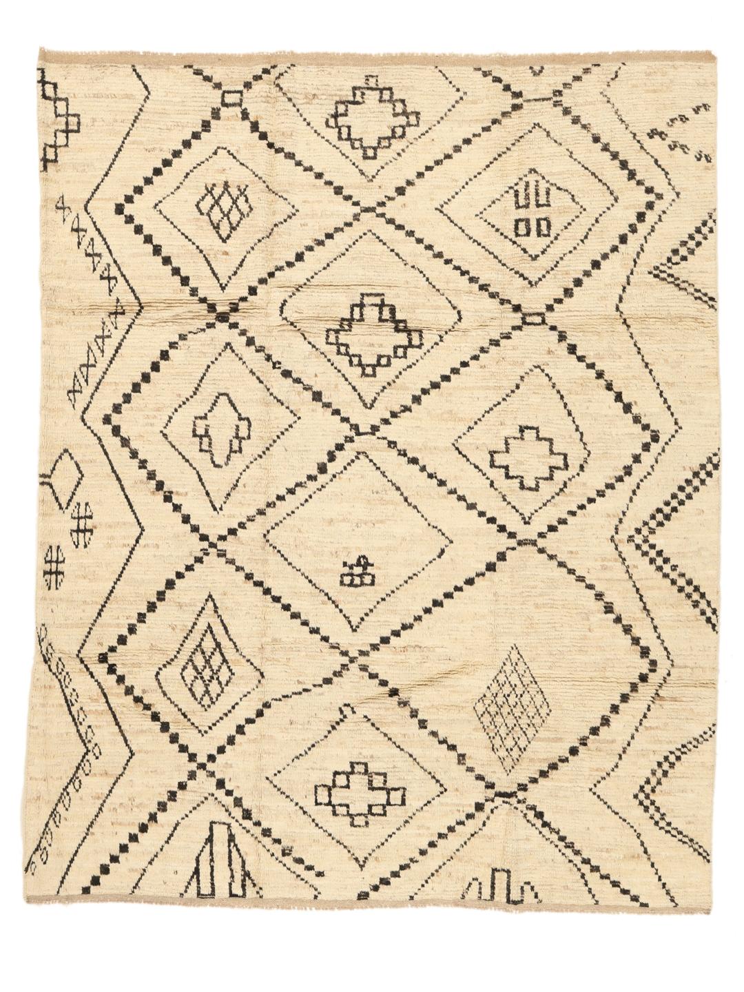 Hand-knotted Afghan rug with beige field and black geometric tribal motifs