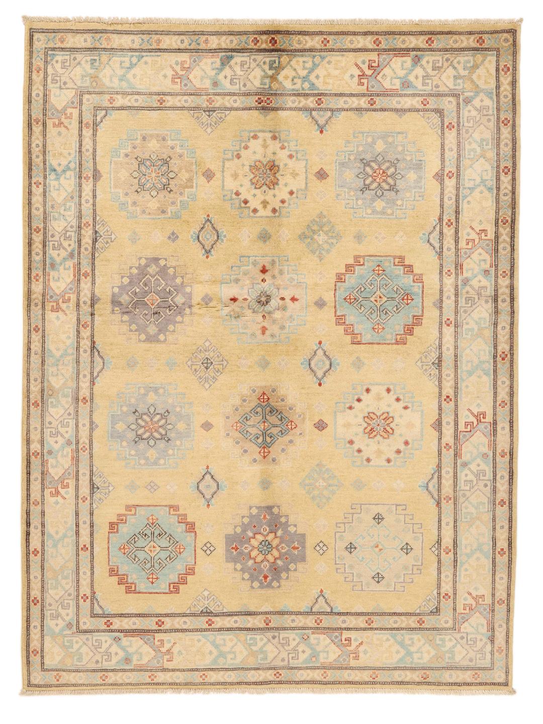 Handgeknoopt Afghaans Kazak-tapijt met beige veld en geometrische motieven