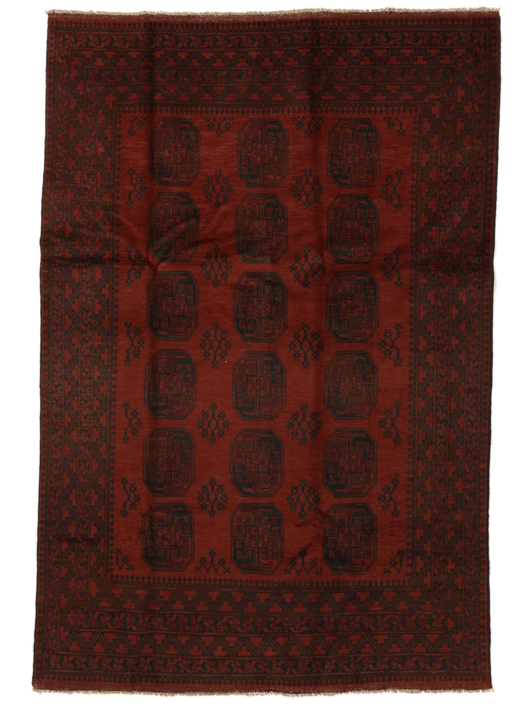 Handgeknoopt Afghan Fine-tapijt met complexe tribale motieven in donkerrood en zwart.