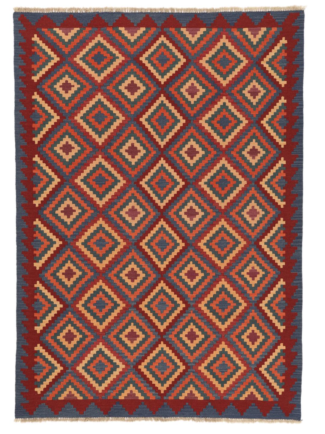 Handgeweven Kelim Ghashghai tapijt met een levendig geometrisch patroon in rood-, blauw- en oranjetinten.