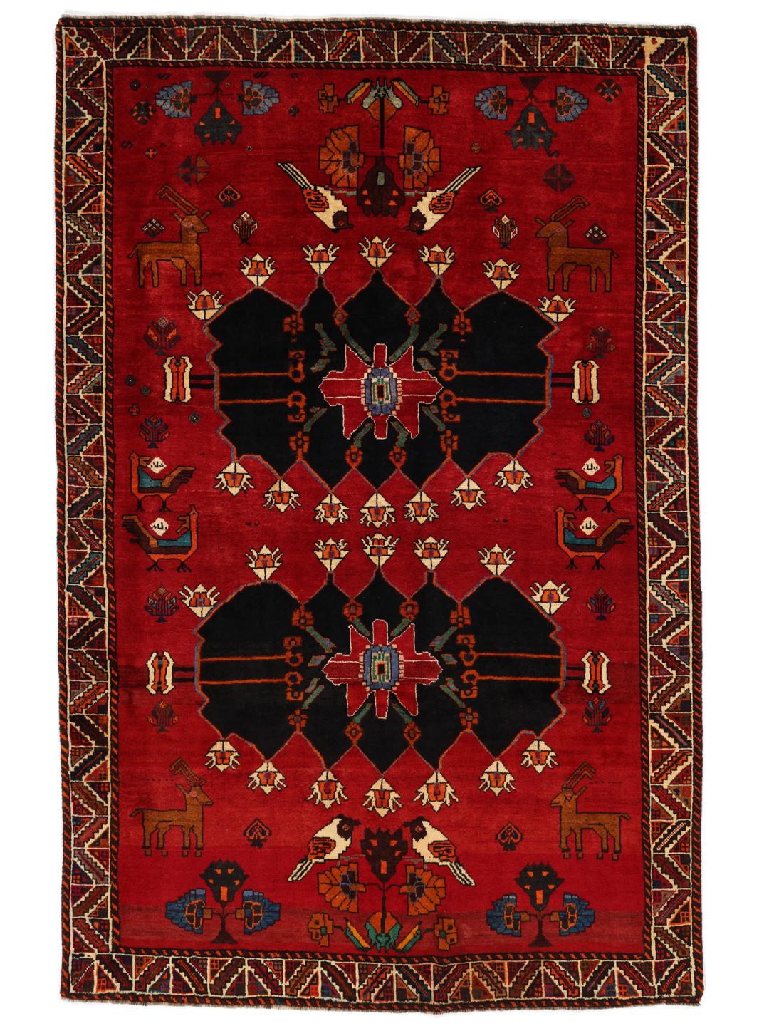Hand-knotted Middle Eastern Ghashghai rug in red with tribal pictorial motifs
