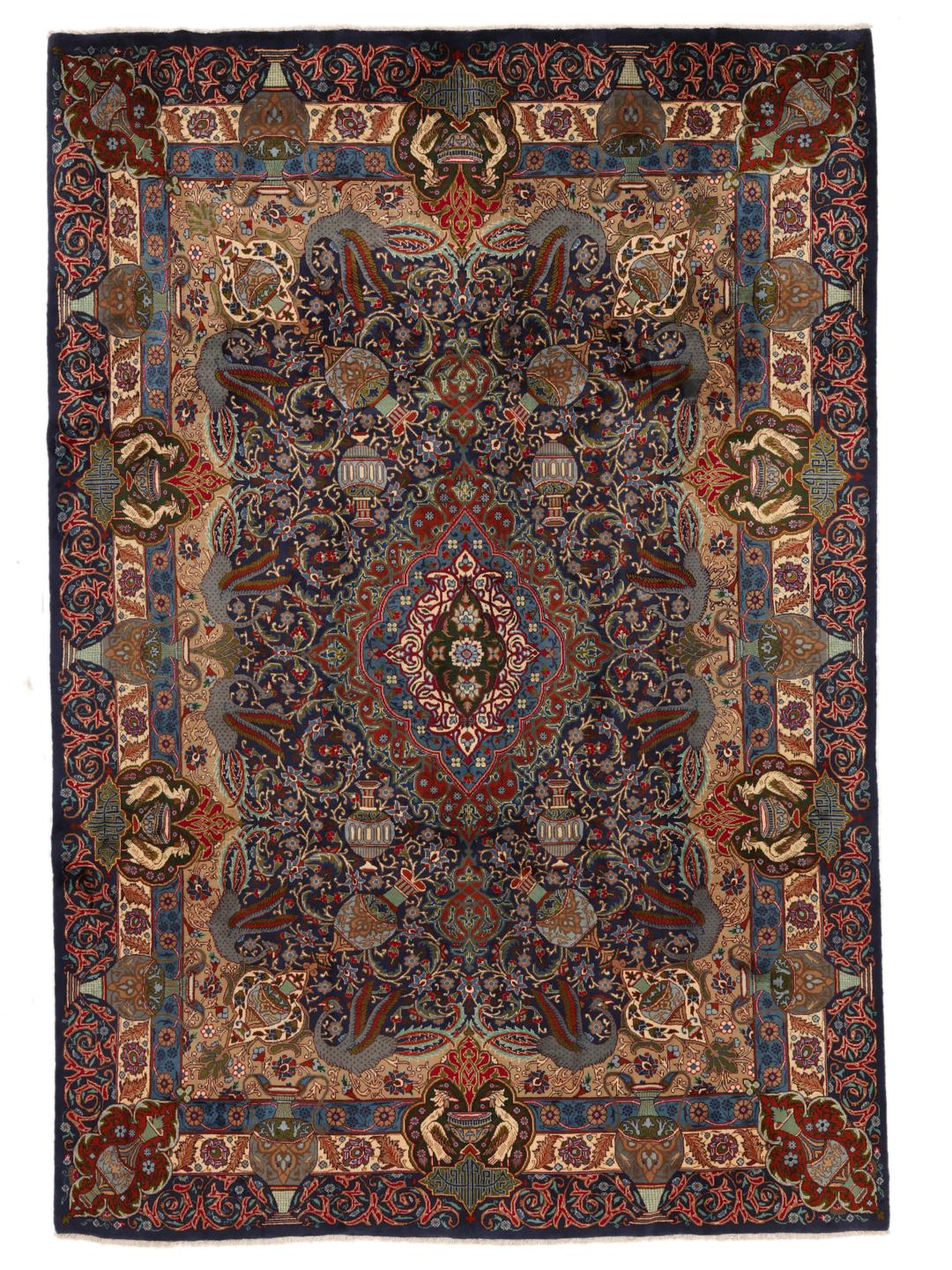 Een gedetailleerd Kashmar-tapijt uit het Midden-Oosten met een levendig blauw en rood bloemenpatroon.