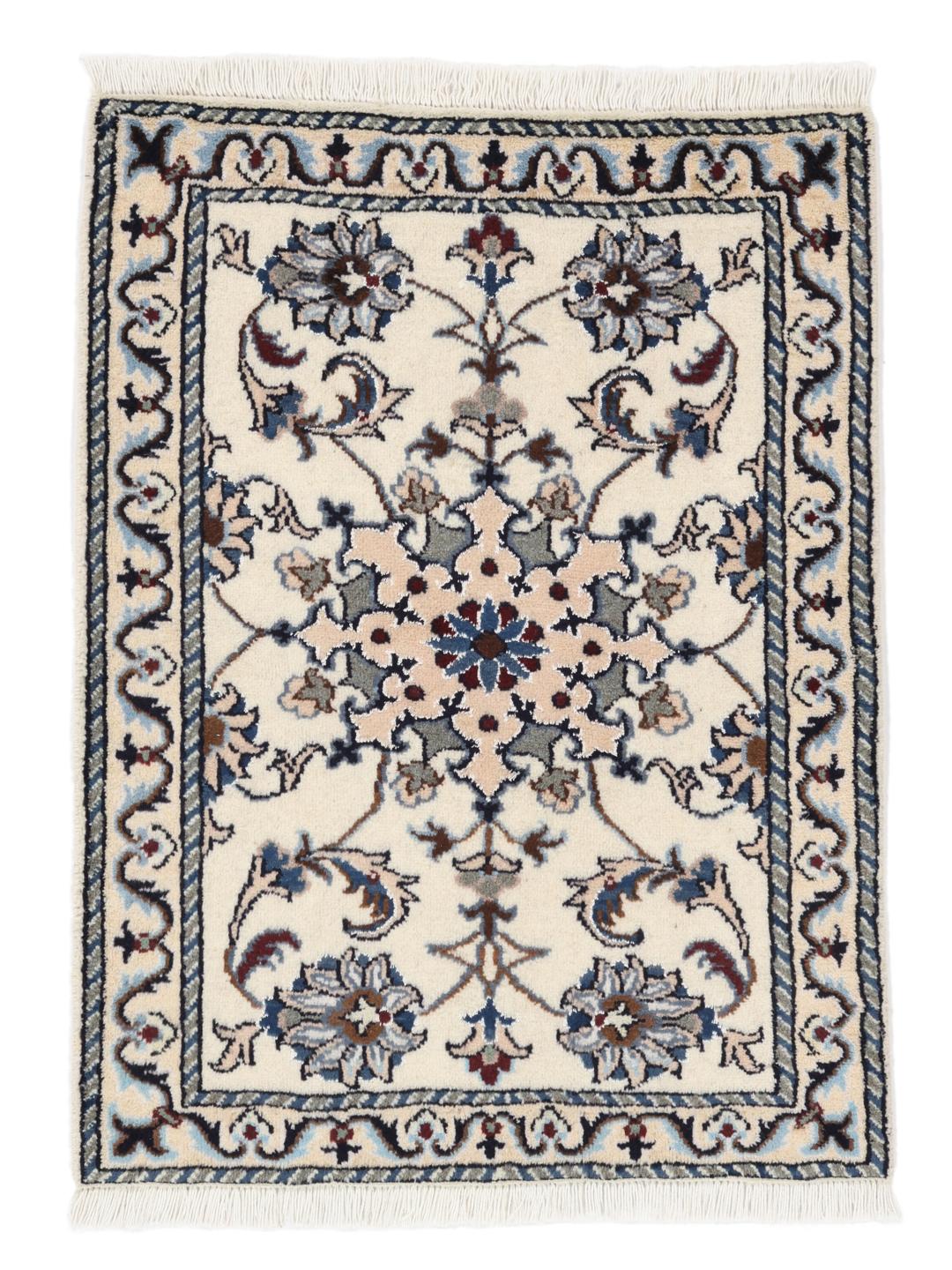 Hand-knotted Nain rug from the Middle East in beige, blue, and red tones.