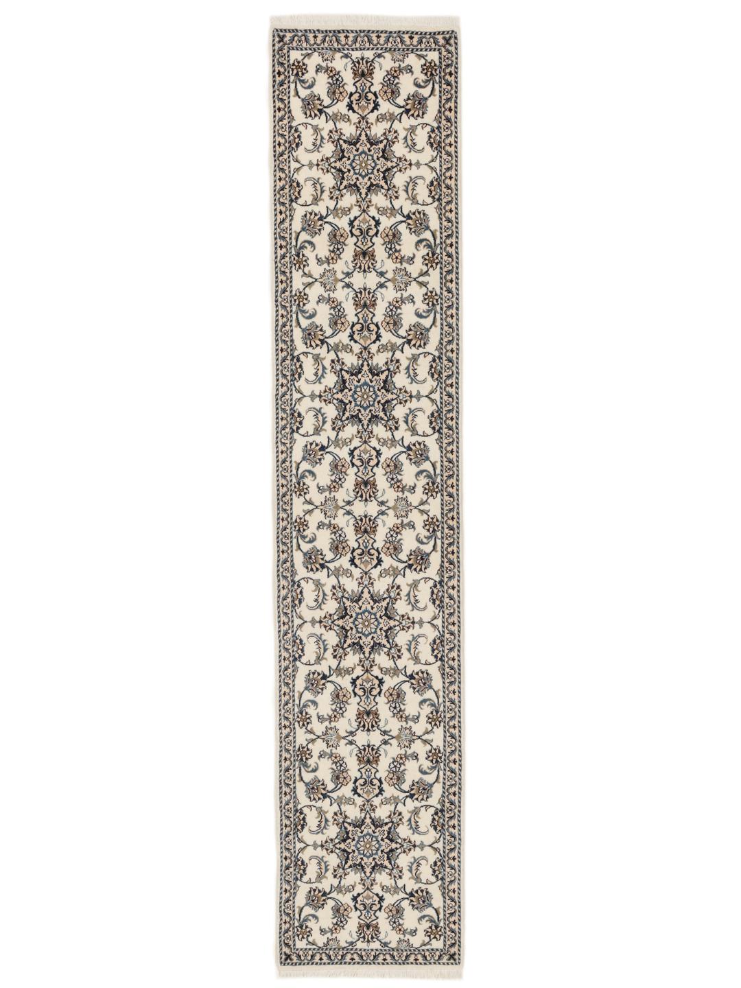 Hand-knotted Nain runner in beige with intricate floral patterns