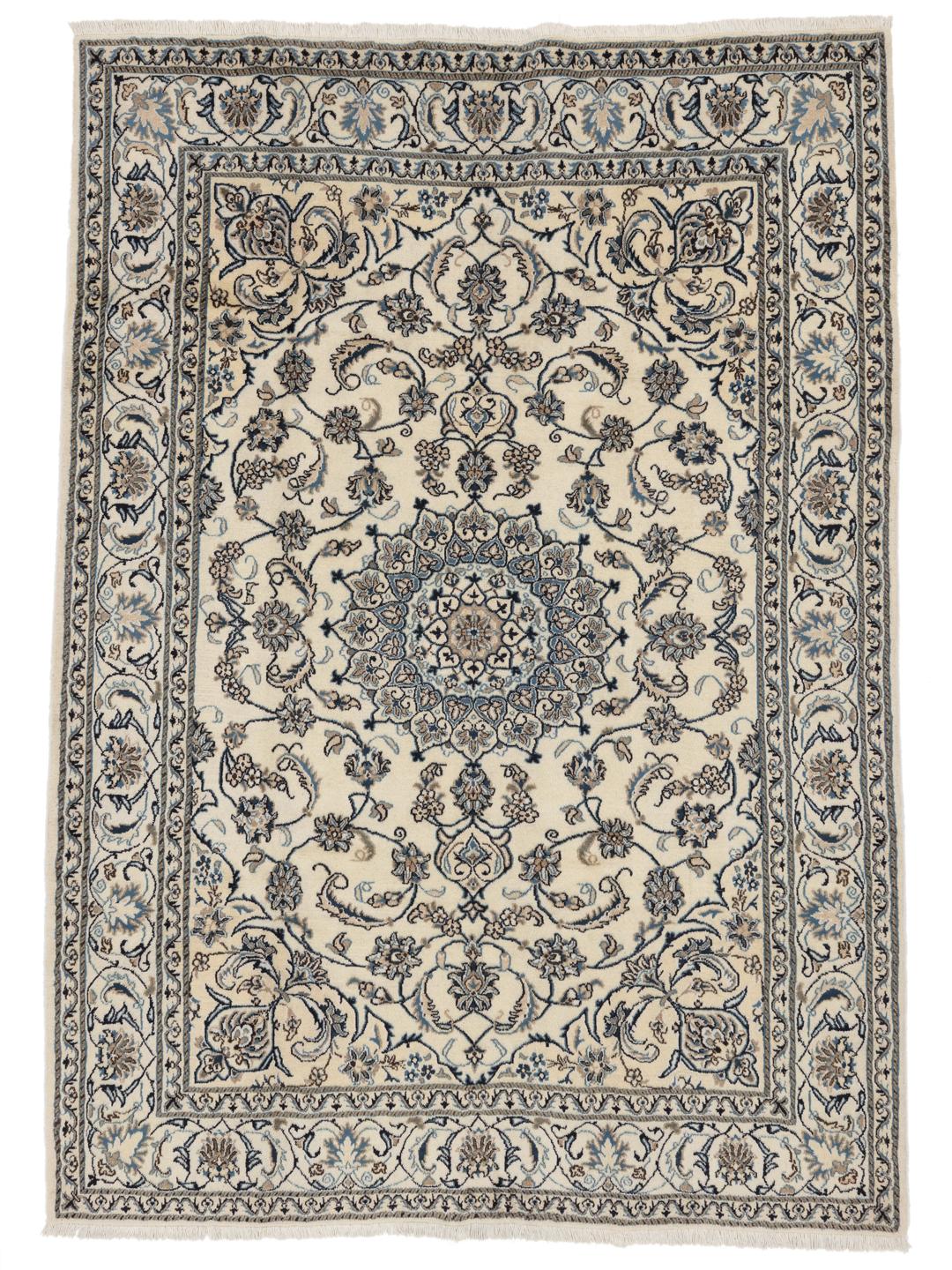Hand-knotted Nain rug from the Middle East in beige and blue tones