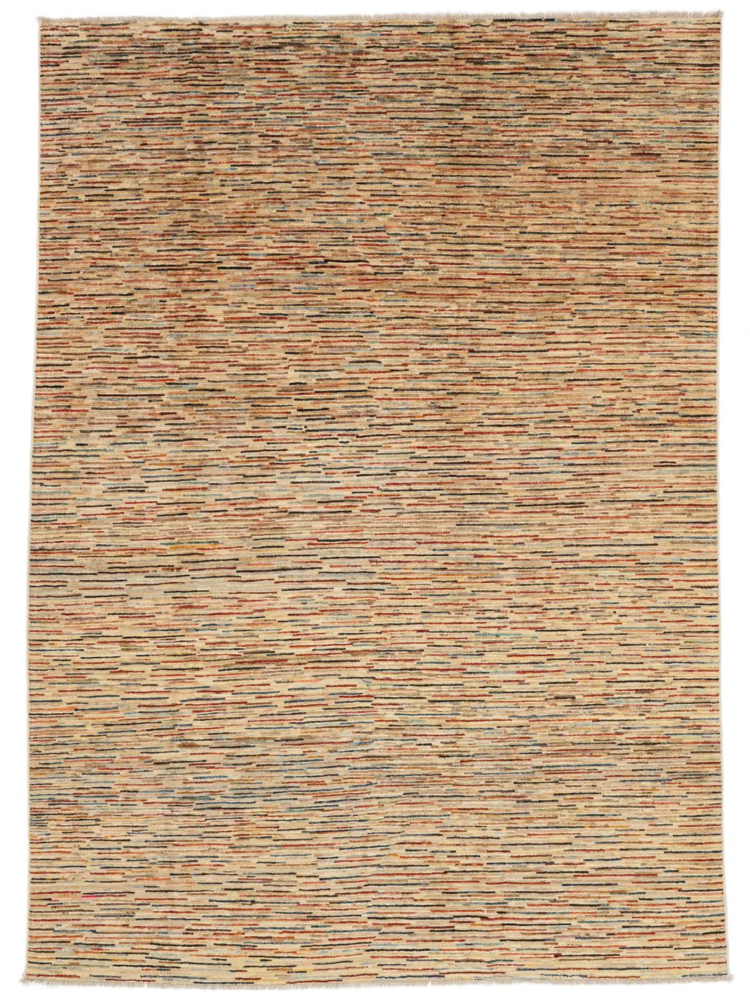 Tapis afghan moderne noué à la main avec un motif à rayures dans des tons beiges et multicolores