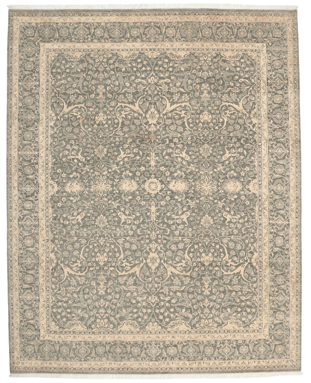 Et håndknyttet Tabriz-tæppe fra Indien med et indviklet blomstermønster i mørkegrå og beige.