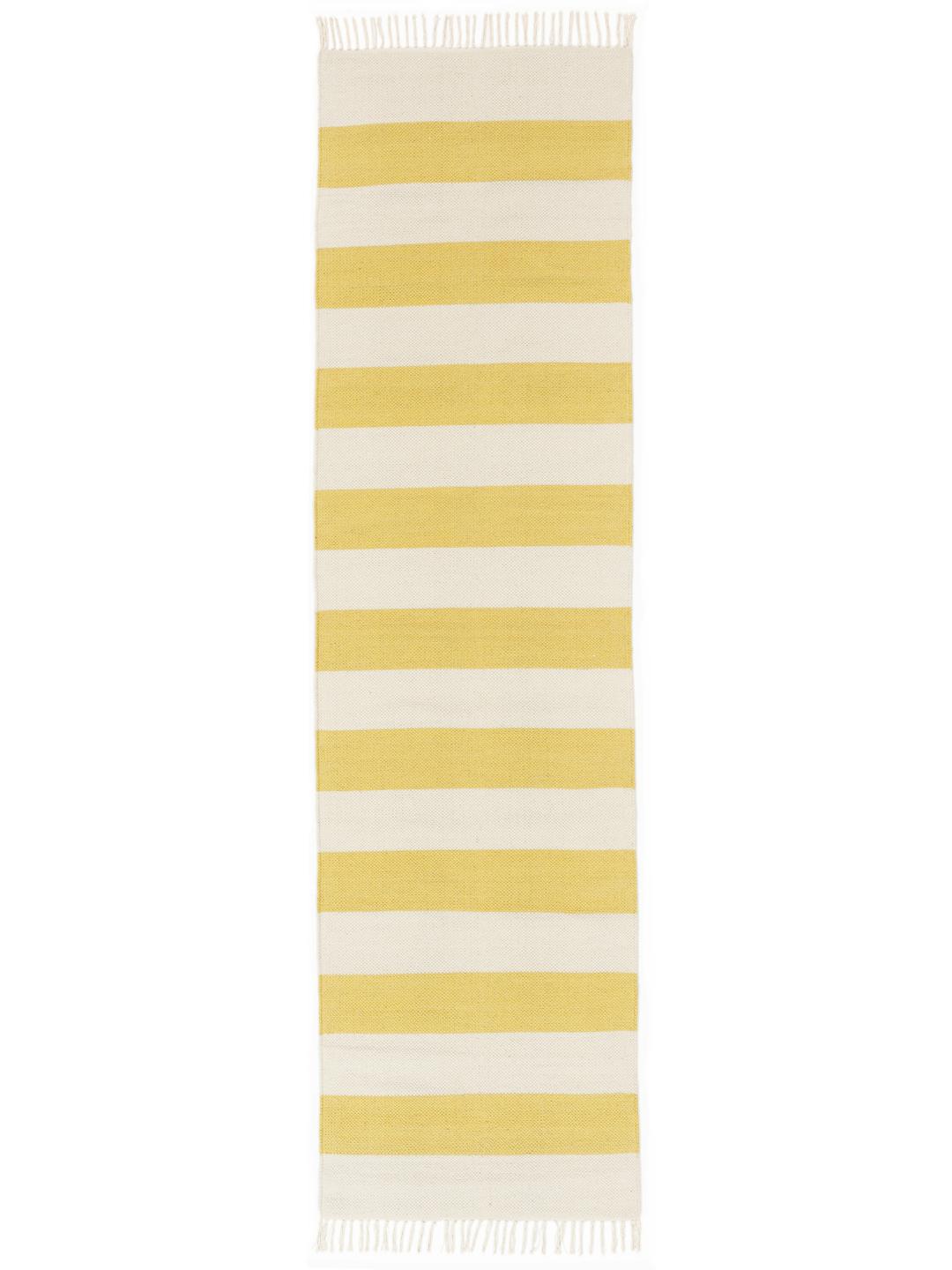 Tapis de couloir en coton tissé à la main à rayures jaunes et blanches avec détails de franges