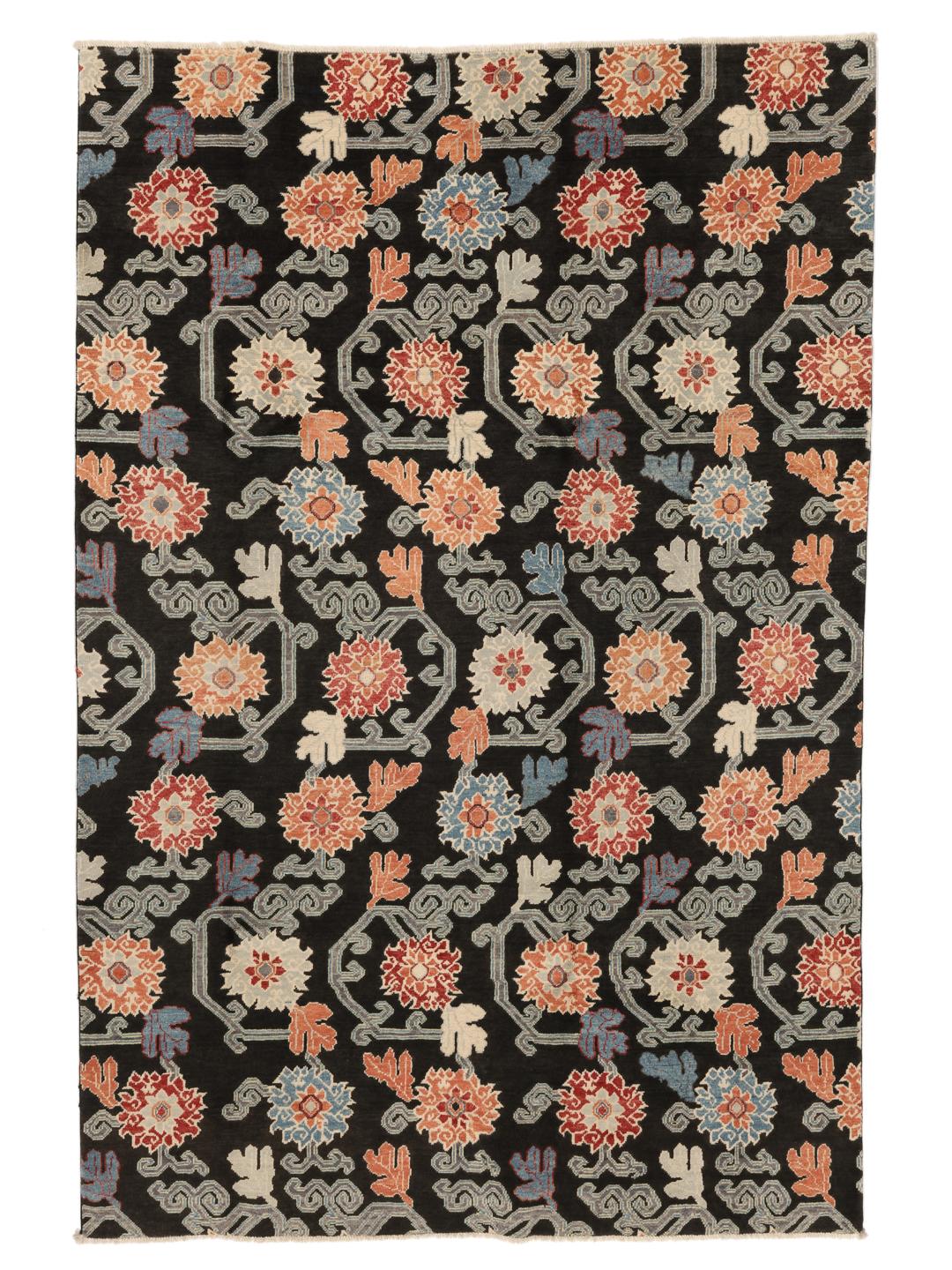 Hand-knotted Afghan Kazak rug with floral patterns on a black field