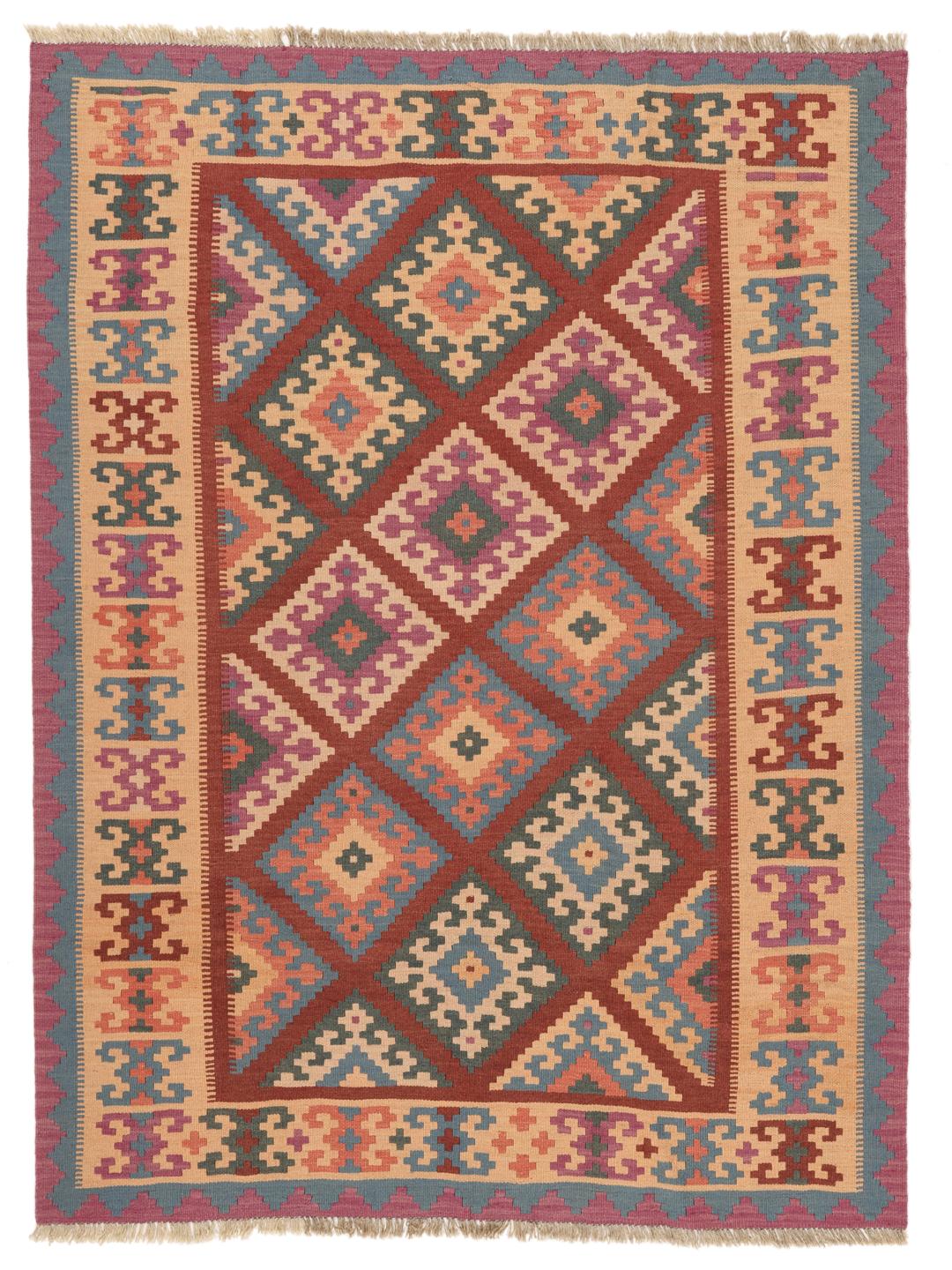 A hand-woven multicolor Kelim Ghashghai rug with geometric diamond patterns.