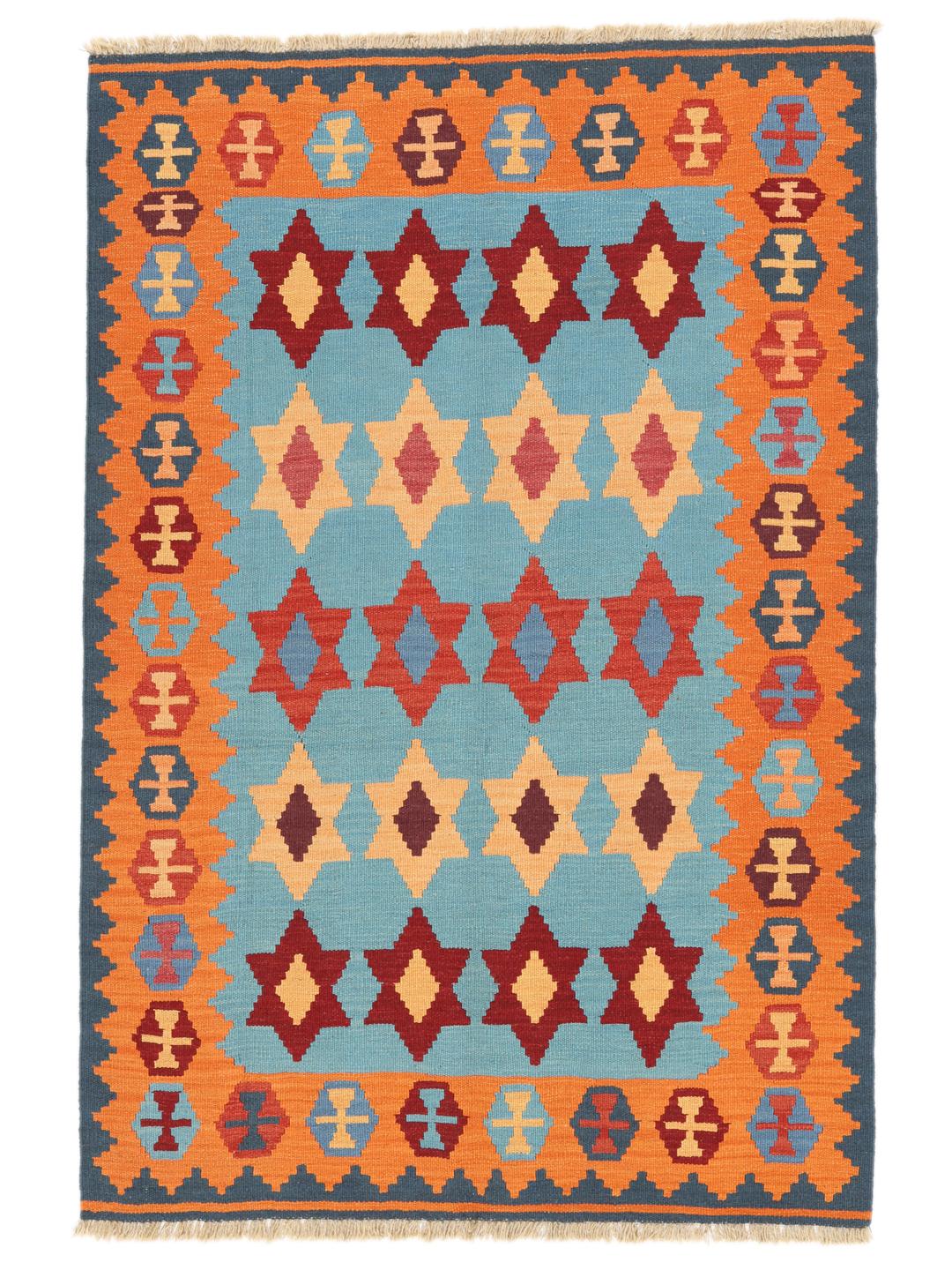 Handgeweven veelkleurig kelim-kleed uit het Midden-Oosten met geometrische motieven