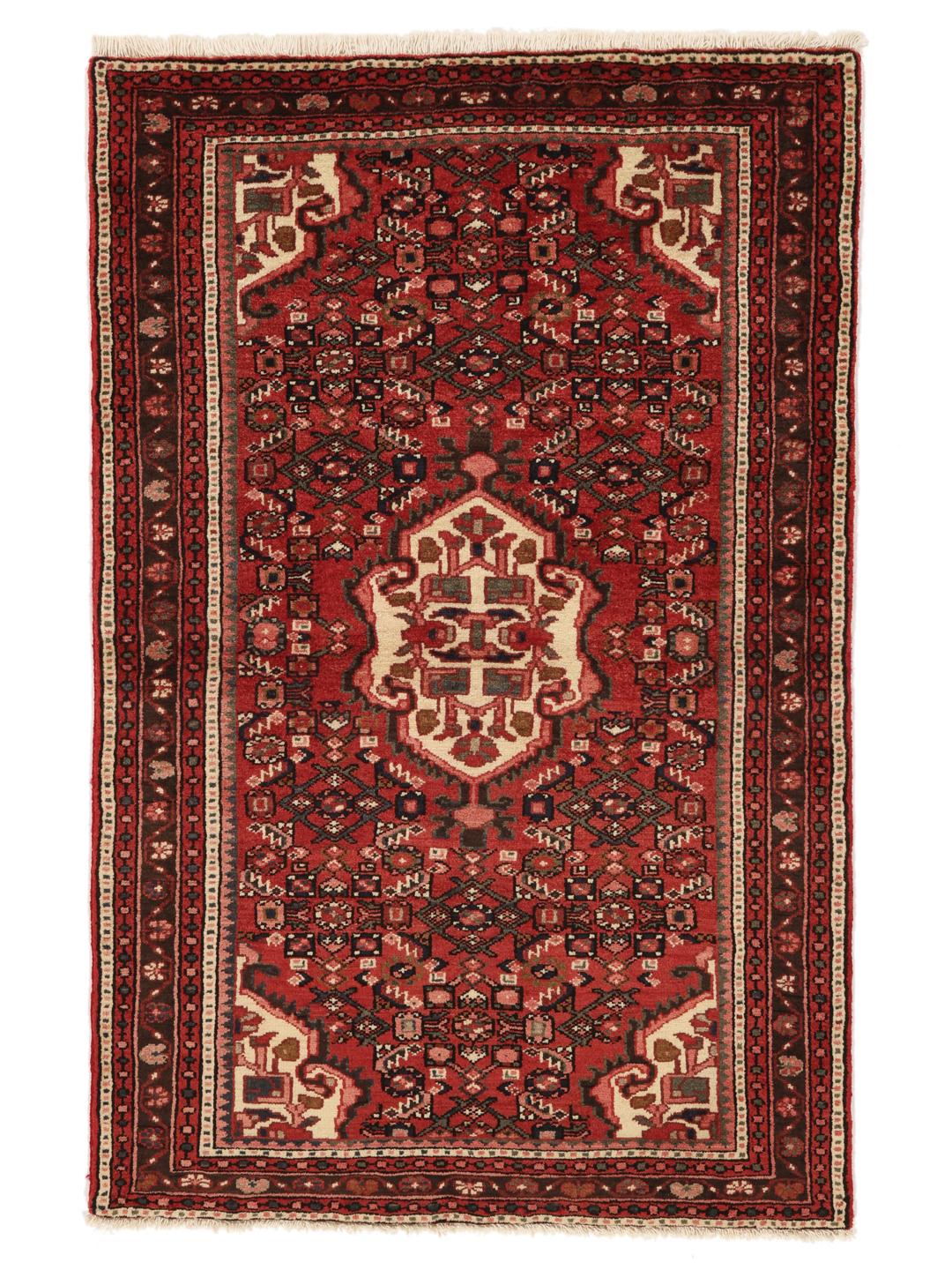 Tapis Hosseinabad noué à la main provenant du Moyen-Orient dans des tons de rouge et rouge foncé