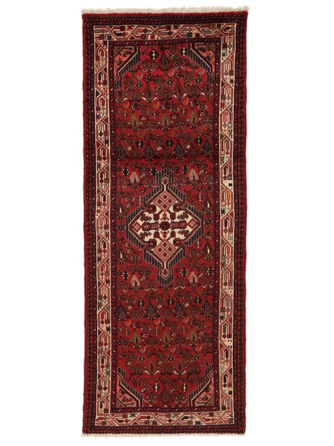 Hand-knotted Asadabad runner in red from the Middle East