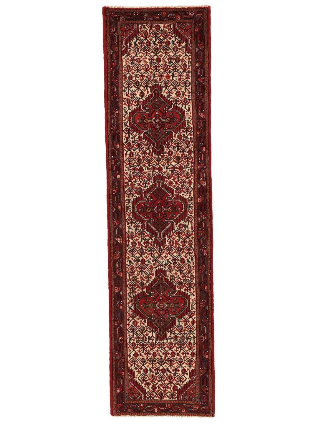 Hand-knotted Asadabad runner with geometric red and cream patterns