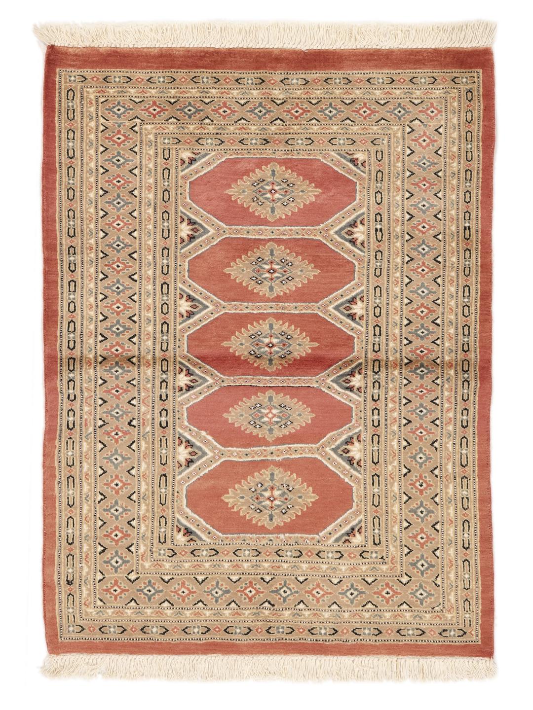Hand-knotted Pakistan Bokhara 2ply rug in red with detailed tribal motifs