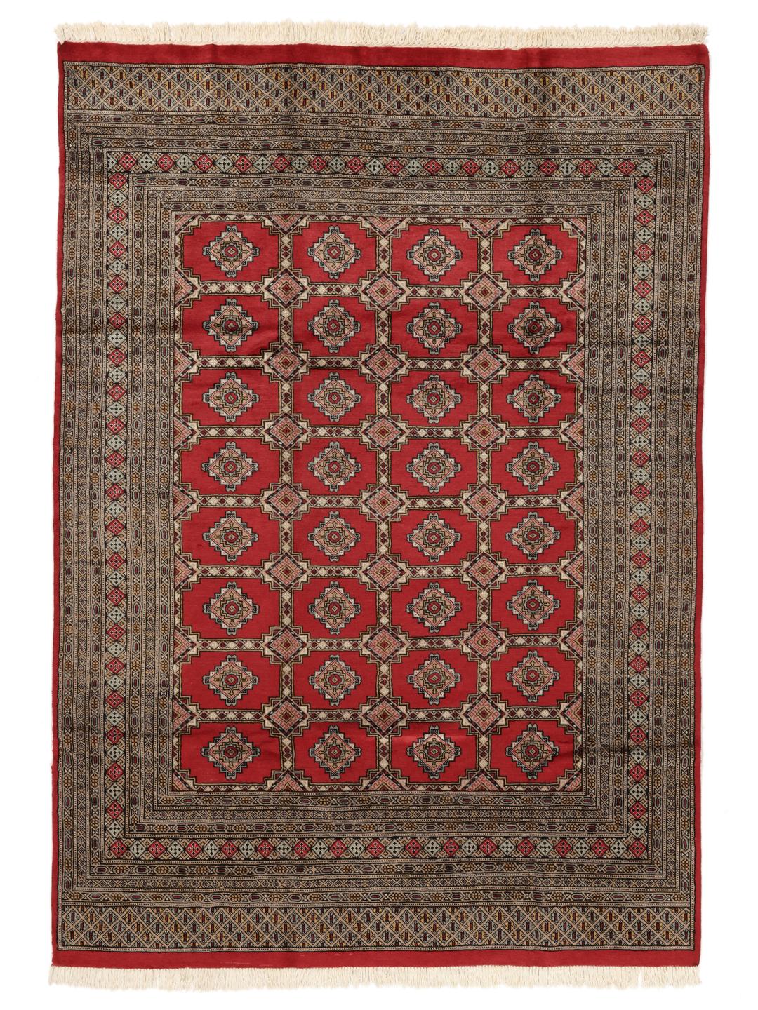 Hand-knotted Pakistan Bokhara 2ply rug in red with traditional geometric motifs