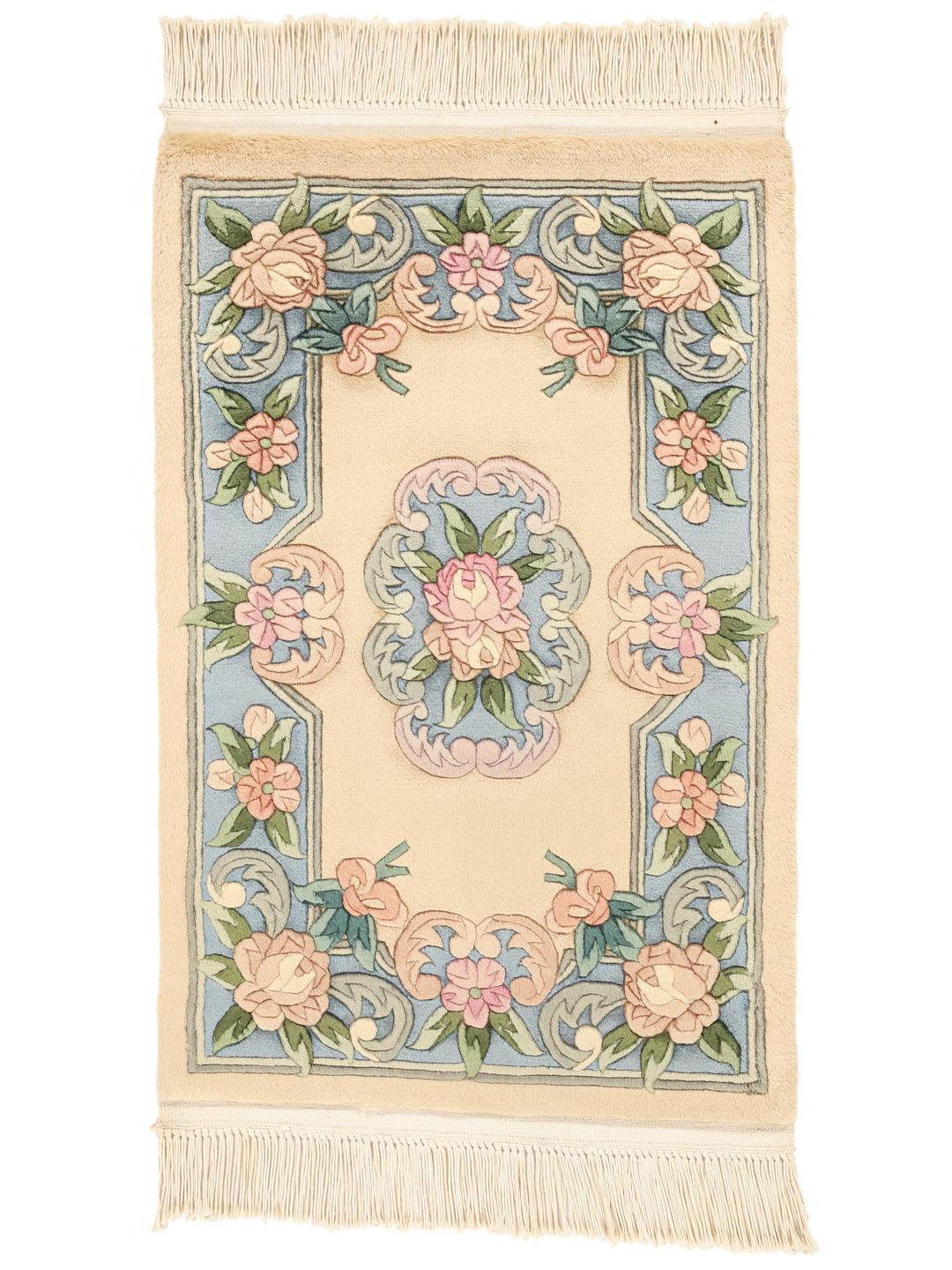 Handgeknoopt Chinees tapijt met bloemmotief in beige en blauw