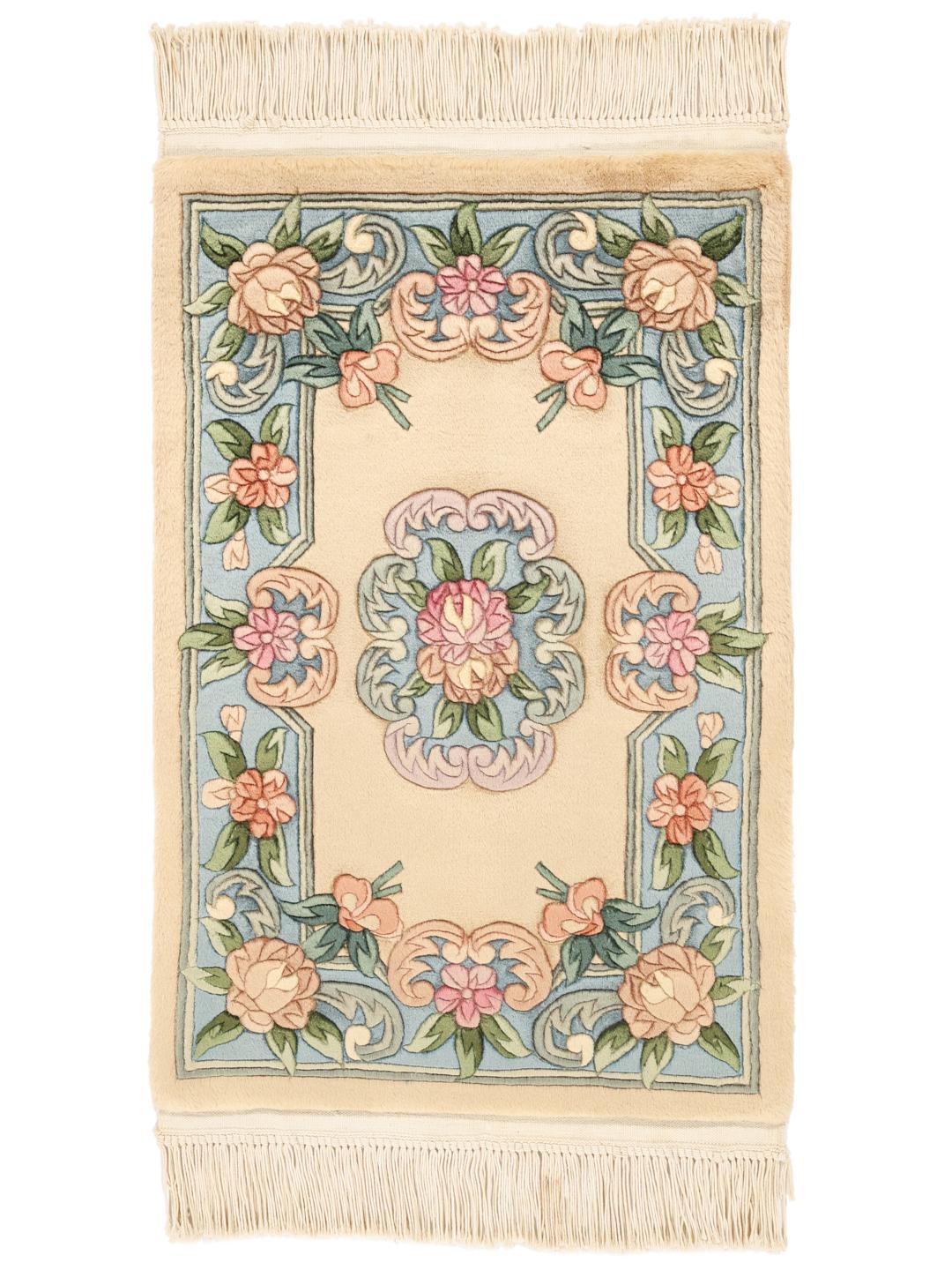 Handgeknoopt Chinees tapijt met bloemmotieven in beige en blauw