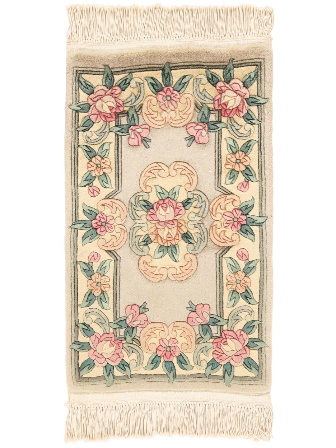 Hand-knotted Chinese rug with floral motifs in beige, pink, and green