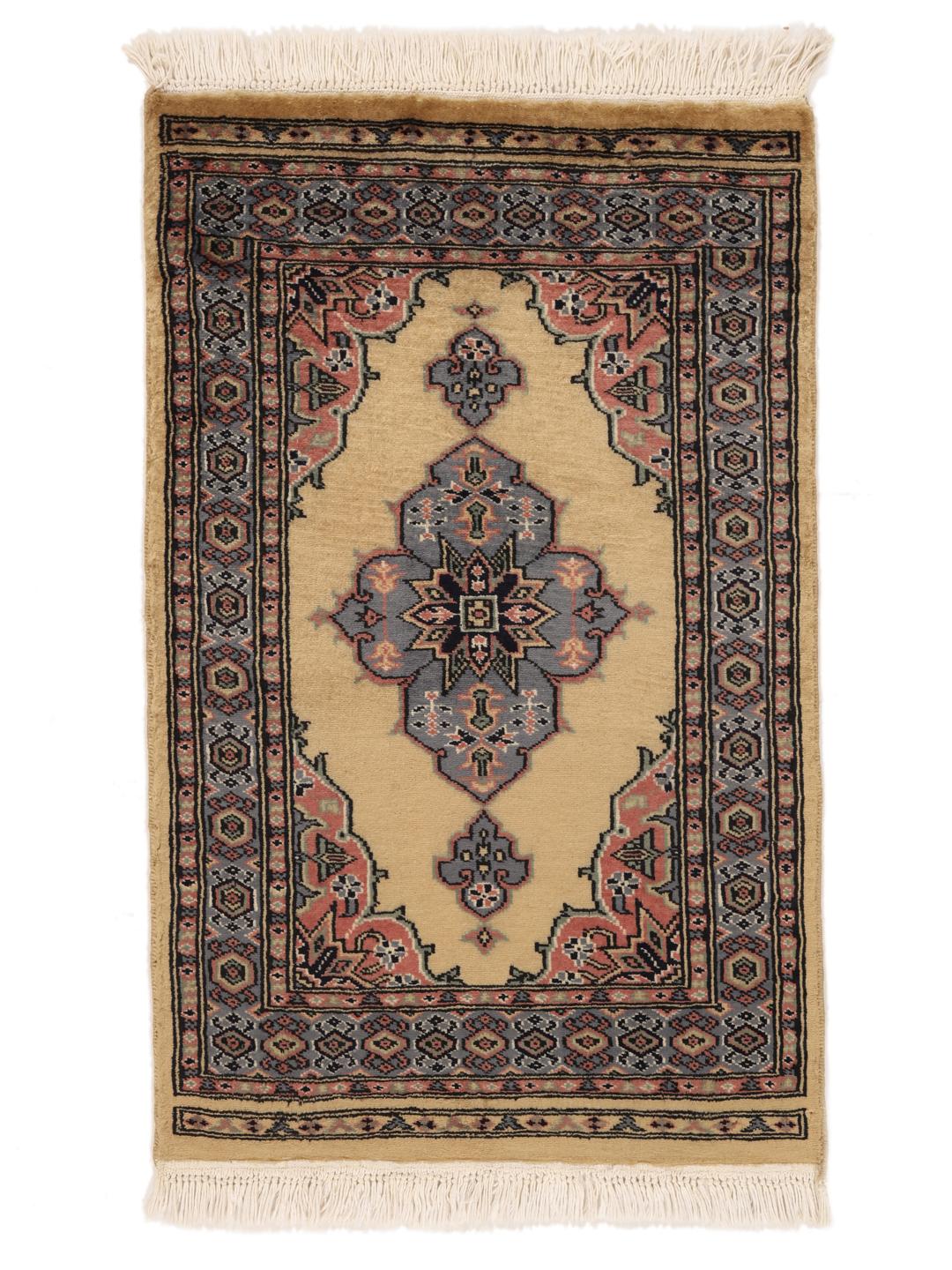 Hand-knotted Pakistan Bokhara rug with a beige field and medallion pattern