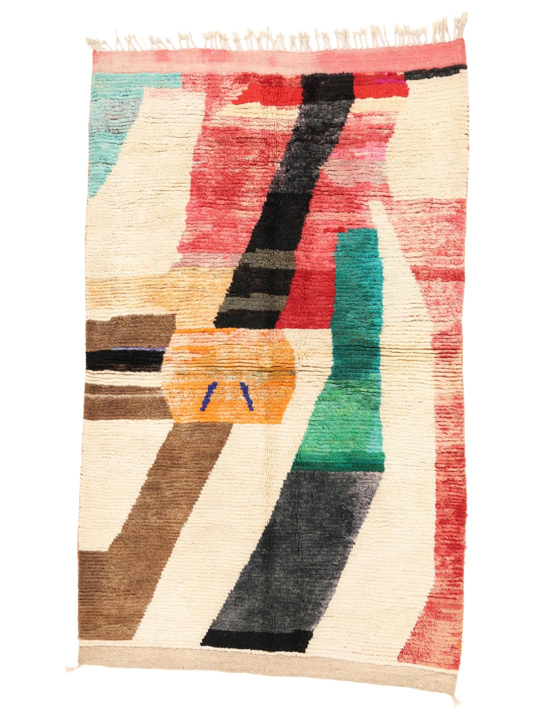 A vibrant, abstract, hand-knotted Berber Beni Ourain rug from Morocco in multicolor.