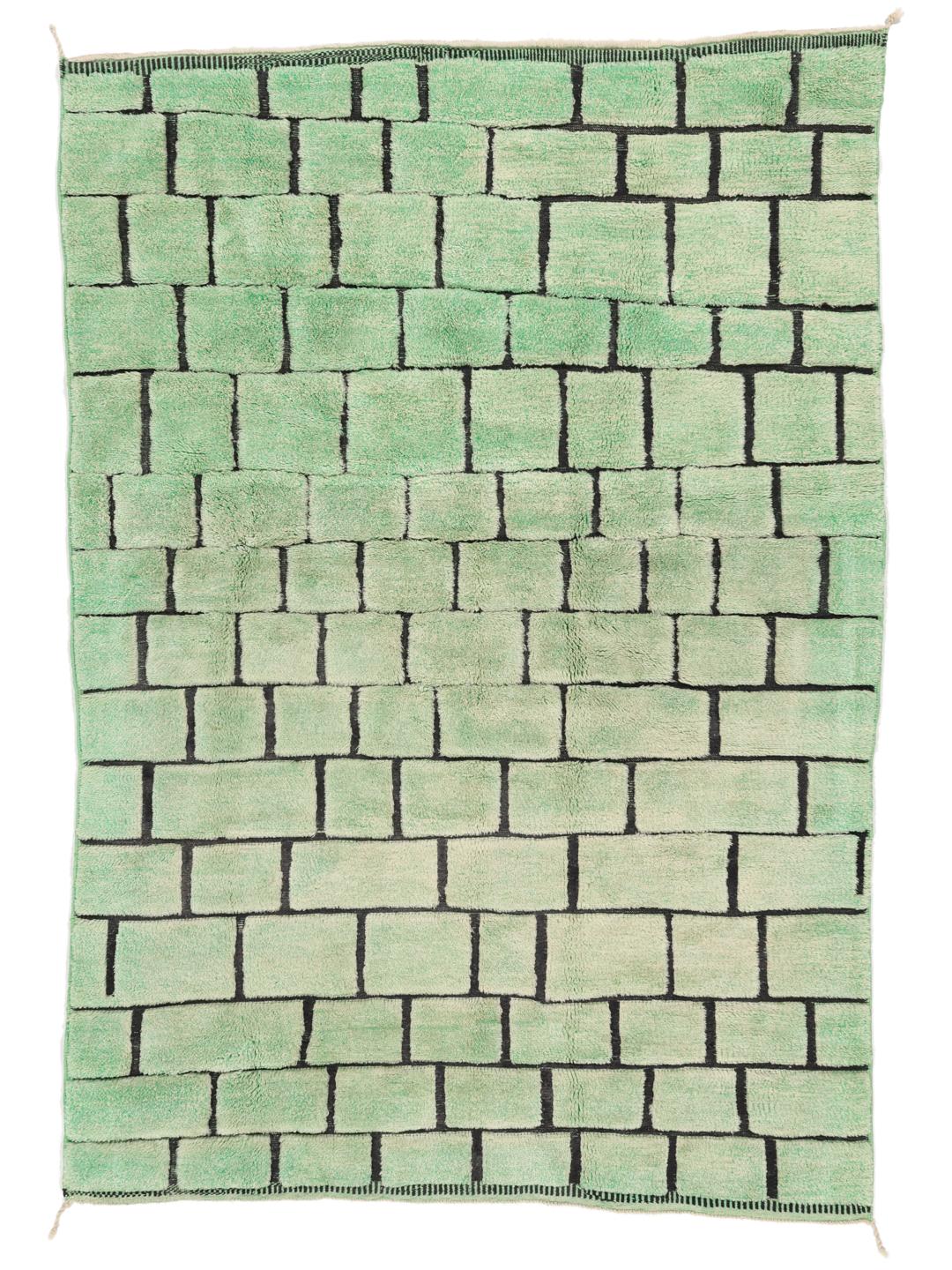 Handgeknoopt Marokkaans Berbertapijt met een geometrisch groen baksteenachtig patroon