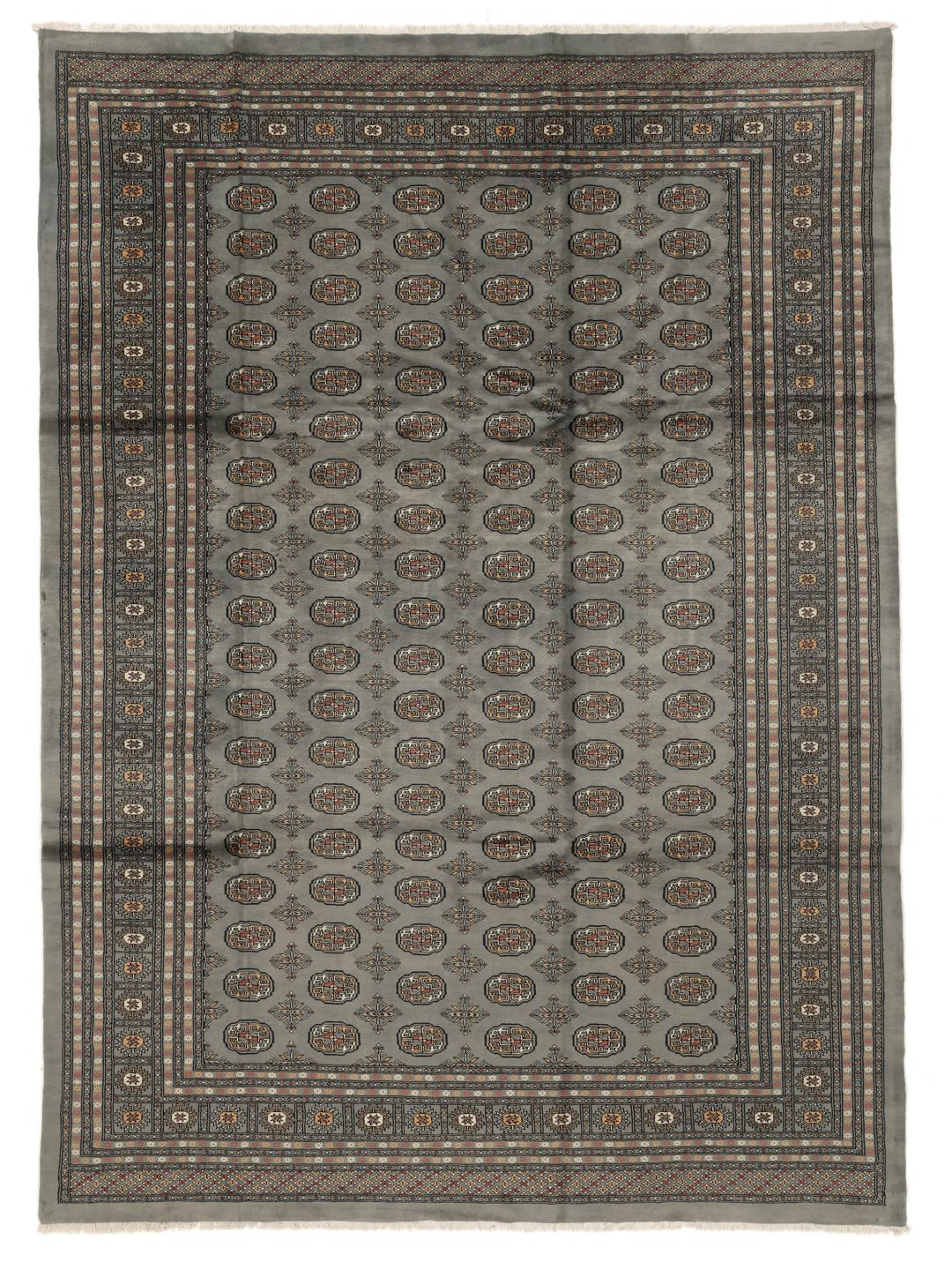 A hand-knotted Pakistan Bokhara rug in grey with traditional repeating motifs.