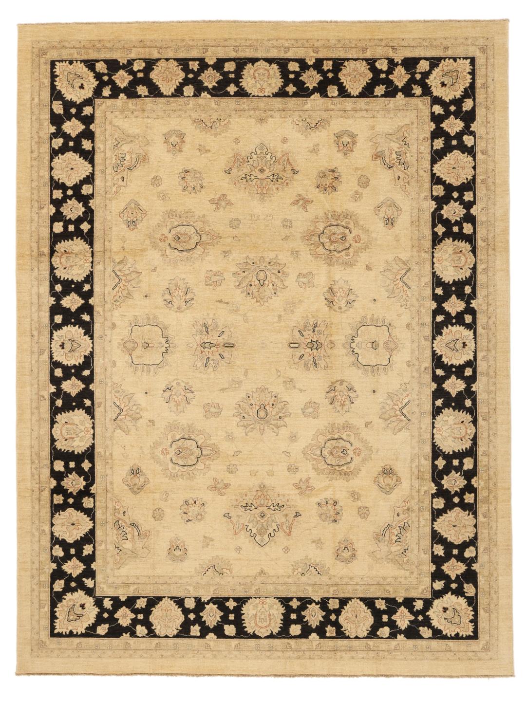 Handmade Ziegler rug from Afghanistan in beige and black with floral motifs