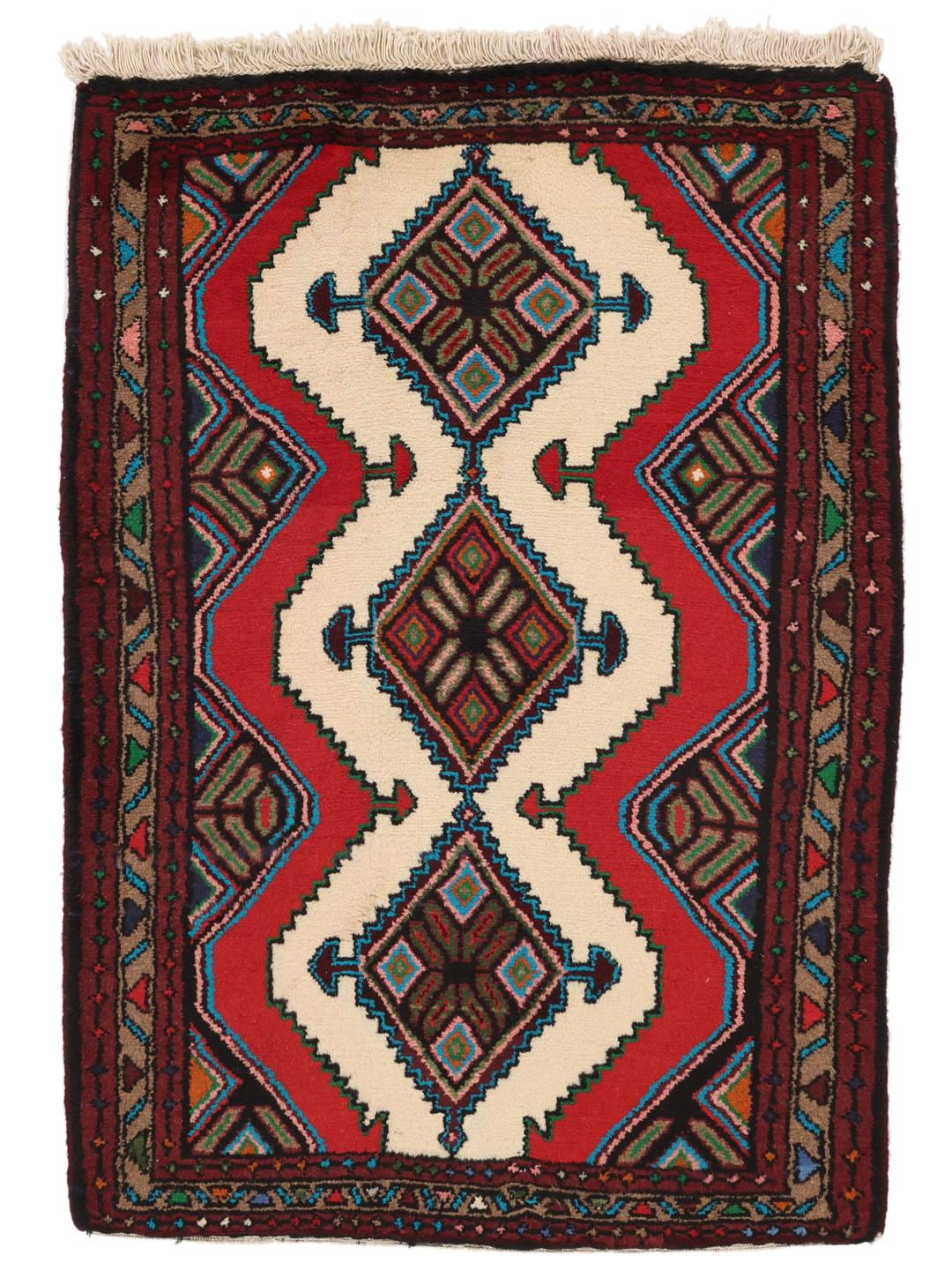 Hand-knotted Asadabad rug from the Middle East featuring a vibrant red, white, and multicolor geometric design.