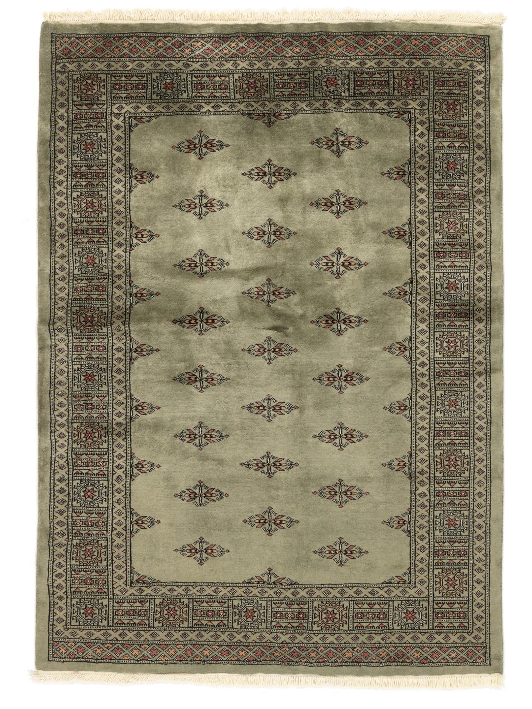 Hand-knotted Pakistan Bokhara 3ply rug in sage green with traditional motifs