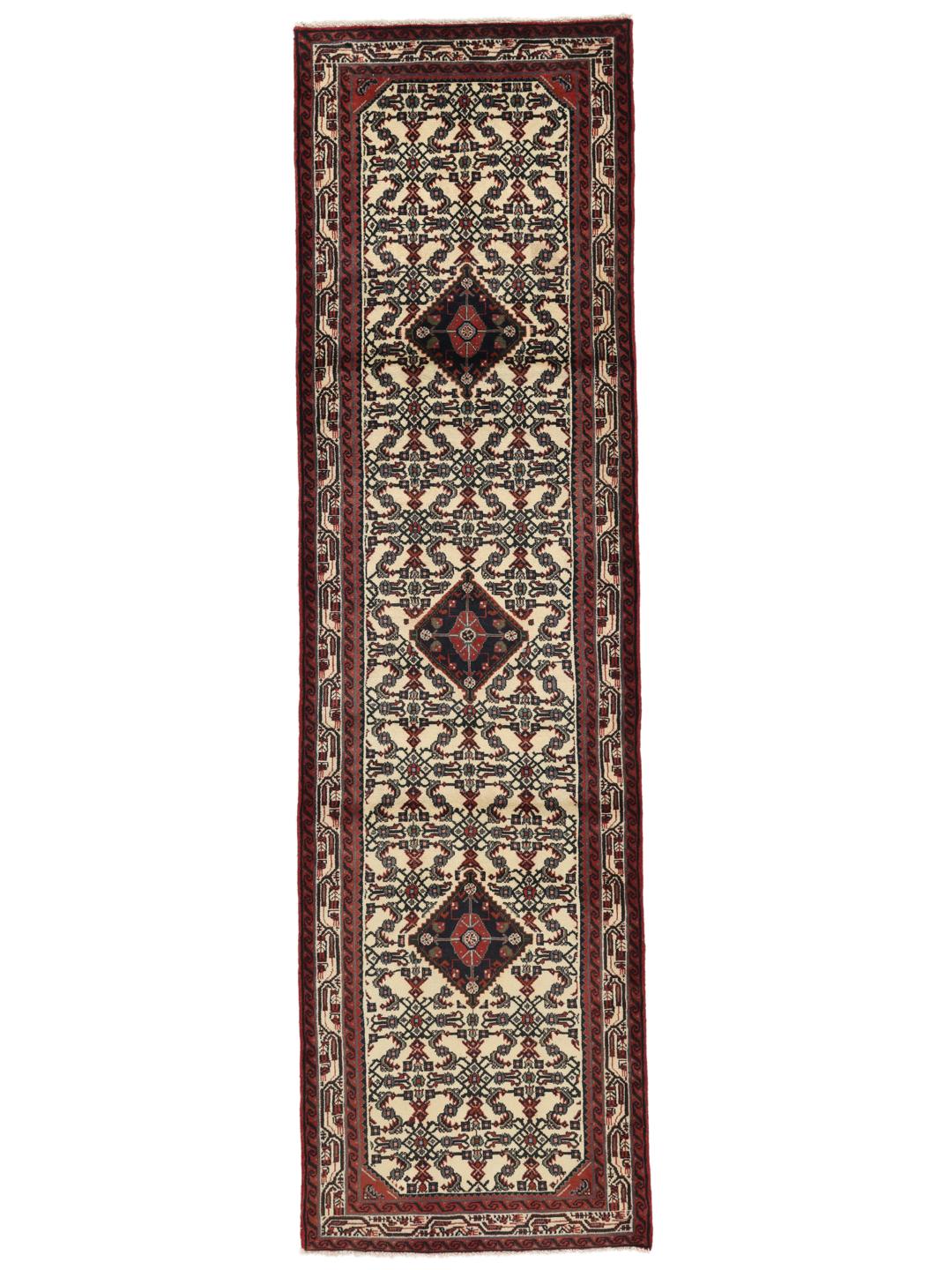 Tapis couloir du Moyen-Orient noué à la main en rouge et beige
