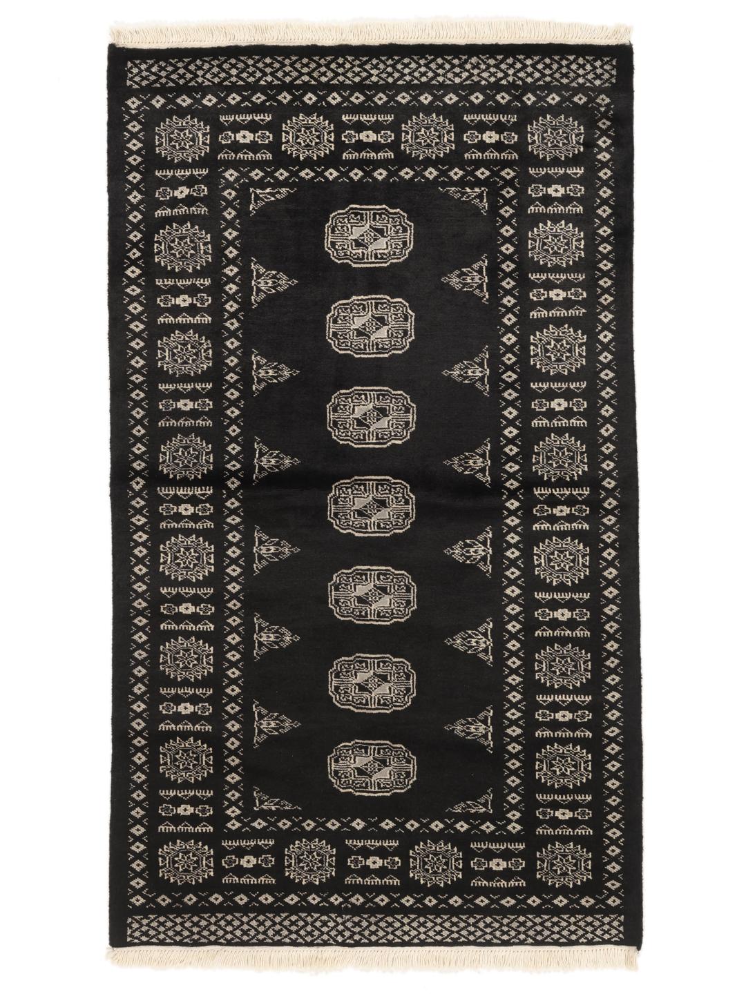 Hand-knotted Pakistan Bokhara rug with black field and geometric motifs