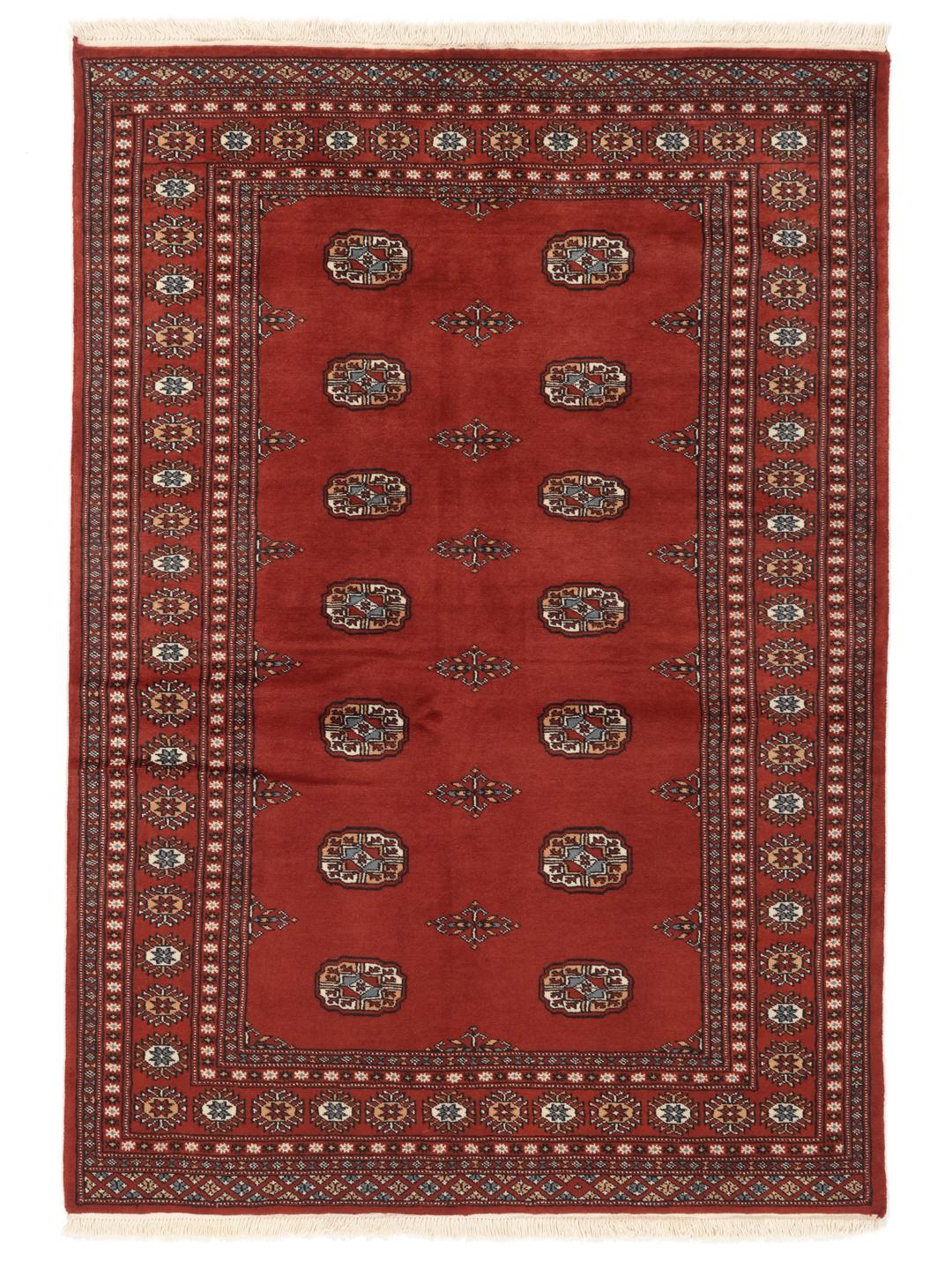 Un tapis Pakistan Bokhara noué à la main avec un champ rouge profond et des motifs géométriques répétitifs.
