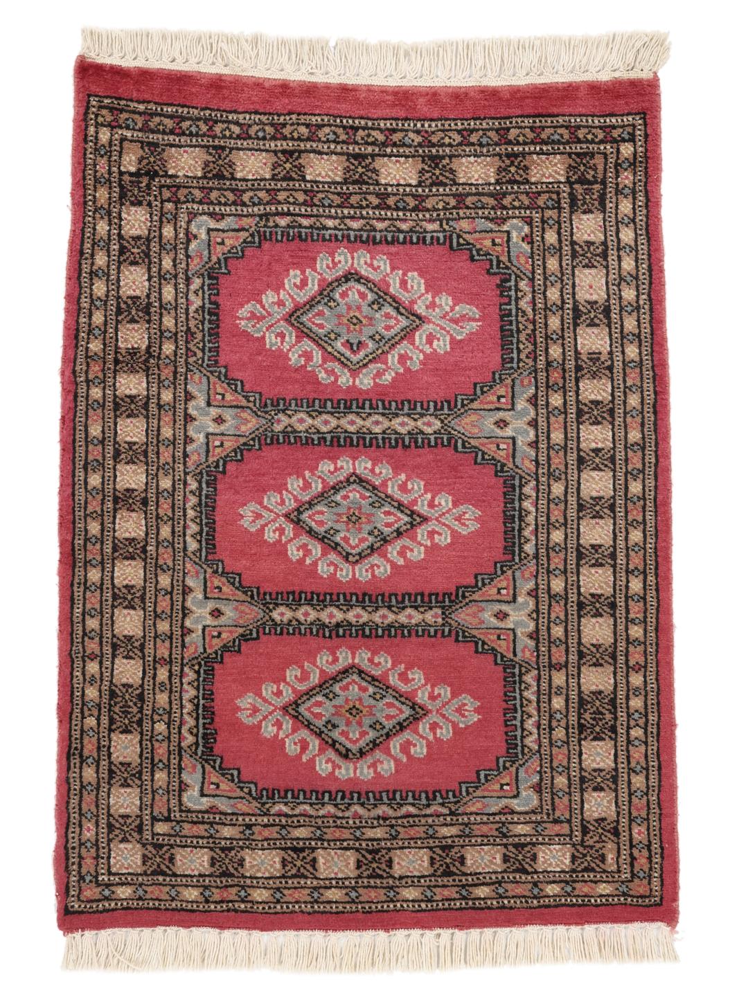 A small, rectangular Pakistan Bokhara 2ply rug in dark-red with geometric medallions.