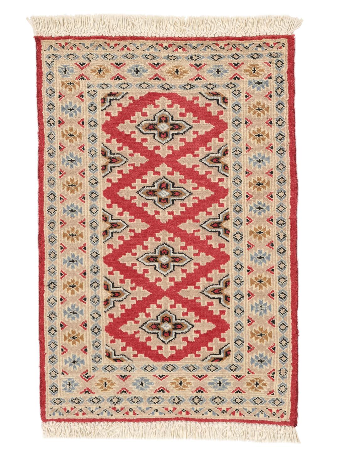 Hand-knotted Pakistan Bokhara 2ply rug in red and beige wool