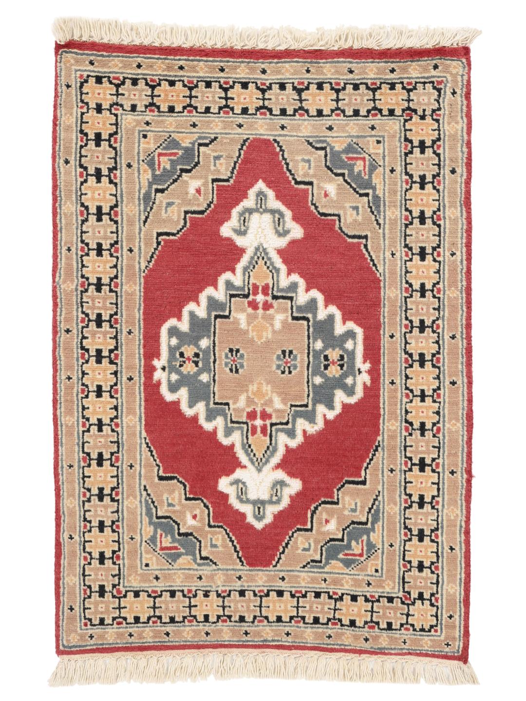A hand-knotted Pakistan Bokhara wool rug featuring a red and beige geometric design.