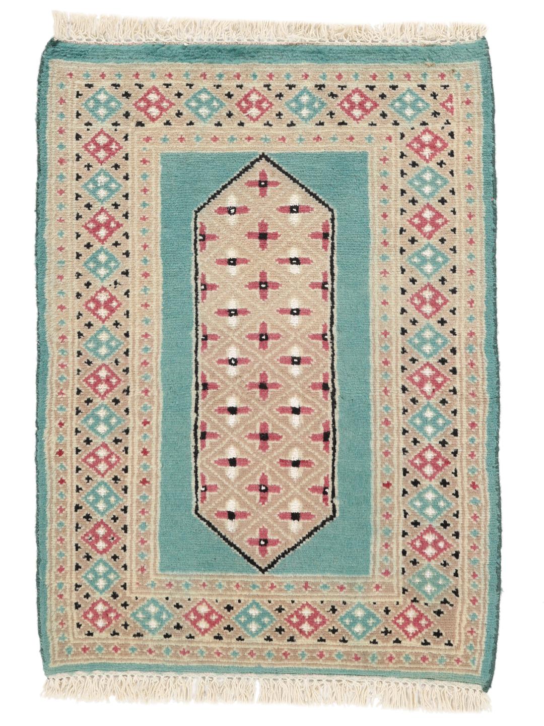 A hand-knotted Pakistan Bokhara 2ply rug with a teal border and geometric medallion pattern