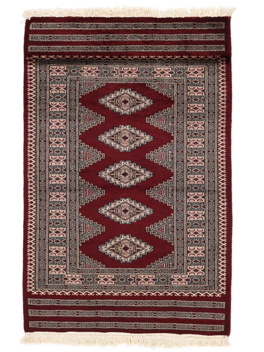 Hand-knotted Pakistan Bokhara 3ply rug in dark-red with classic motifs