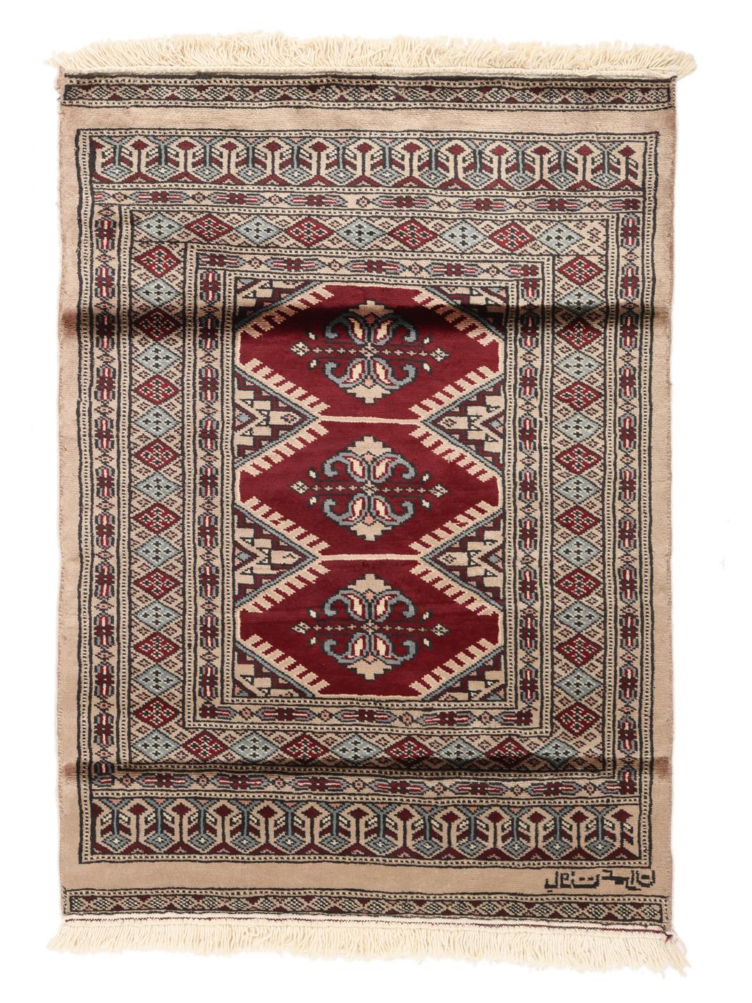 Een handgeknoopt Pakistan Bokhara tapijt met een rood veld en ingewikkelde geometrische en bloemrijke patronen.