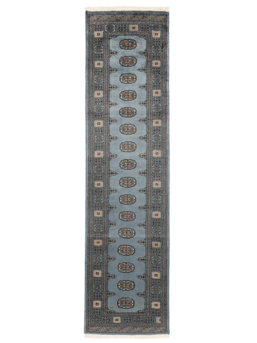 Hand-knotted Pakistan Bokhara runner rug in blue with traditional motifs