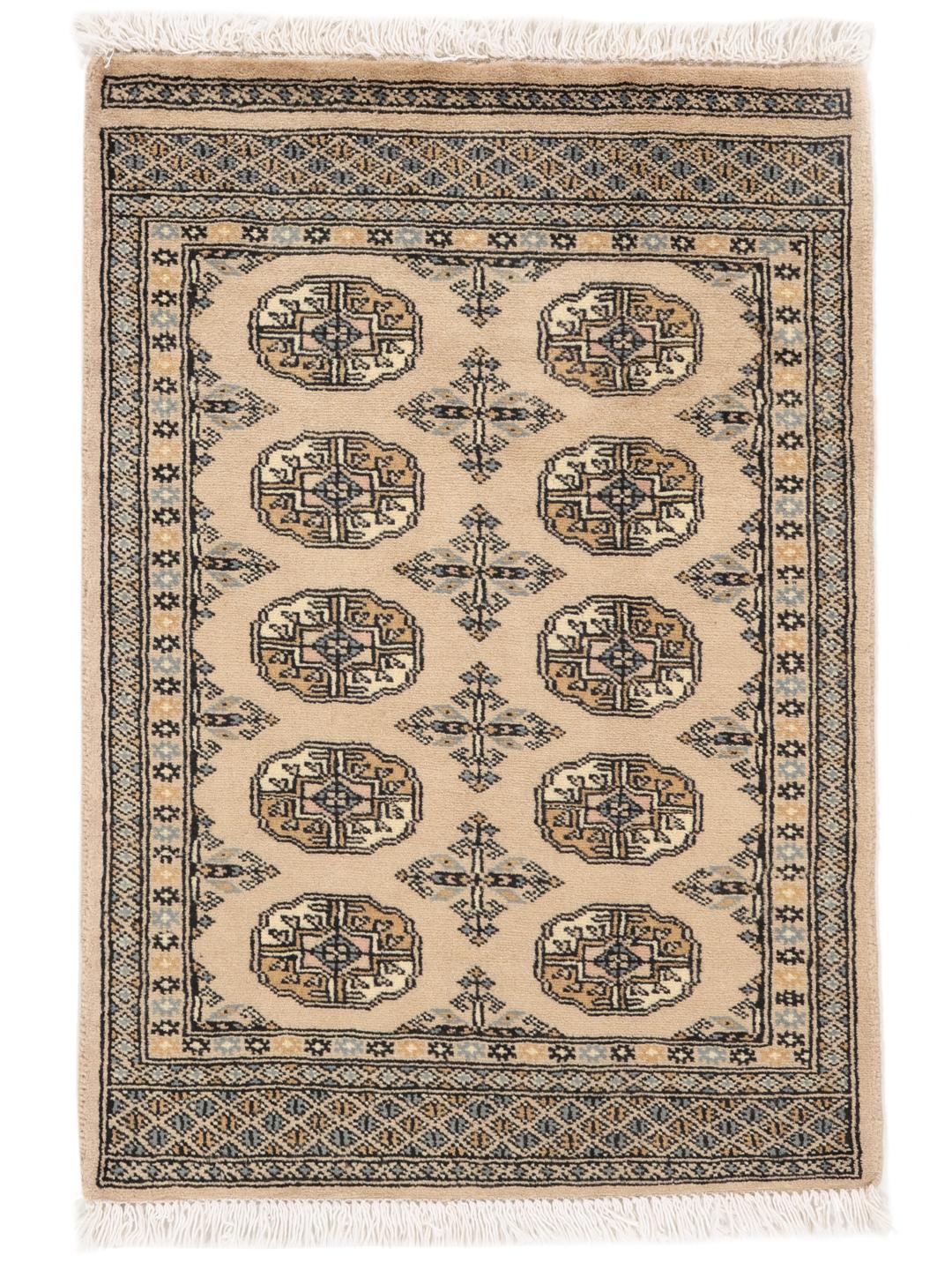A hand-knotted beige Pakistan Bokhara 2ply rug with traditional geometric motifs.