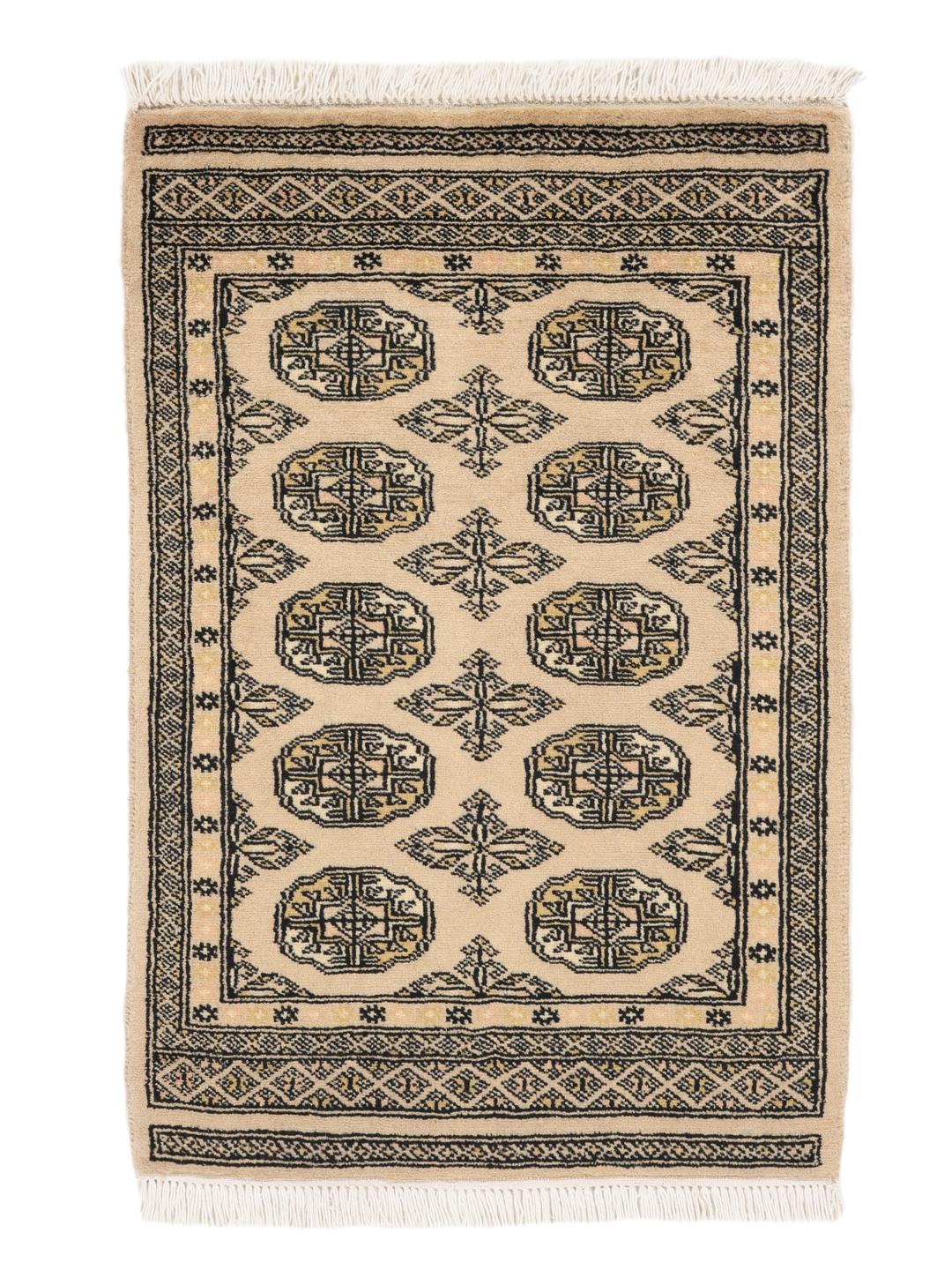 Hand-knotted beige Pakistan Bokhara rug with traditional medallion patterns