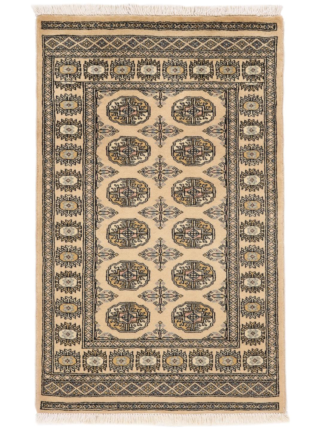 A hand-knotted Pakistan Bokhara rug with a beige field and traditional geometric motifs.