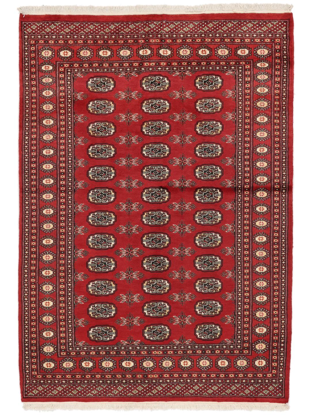 Hand-knotted Pakistan Bokhara 2ply rug with a deep red field and traditional motifs
