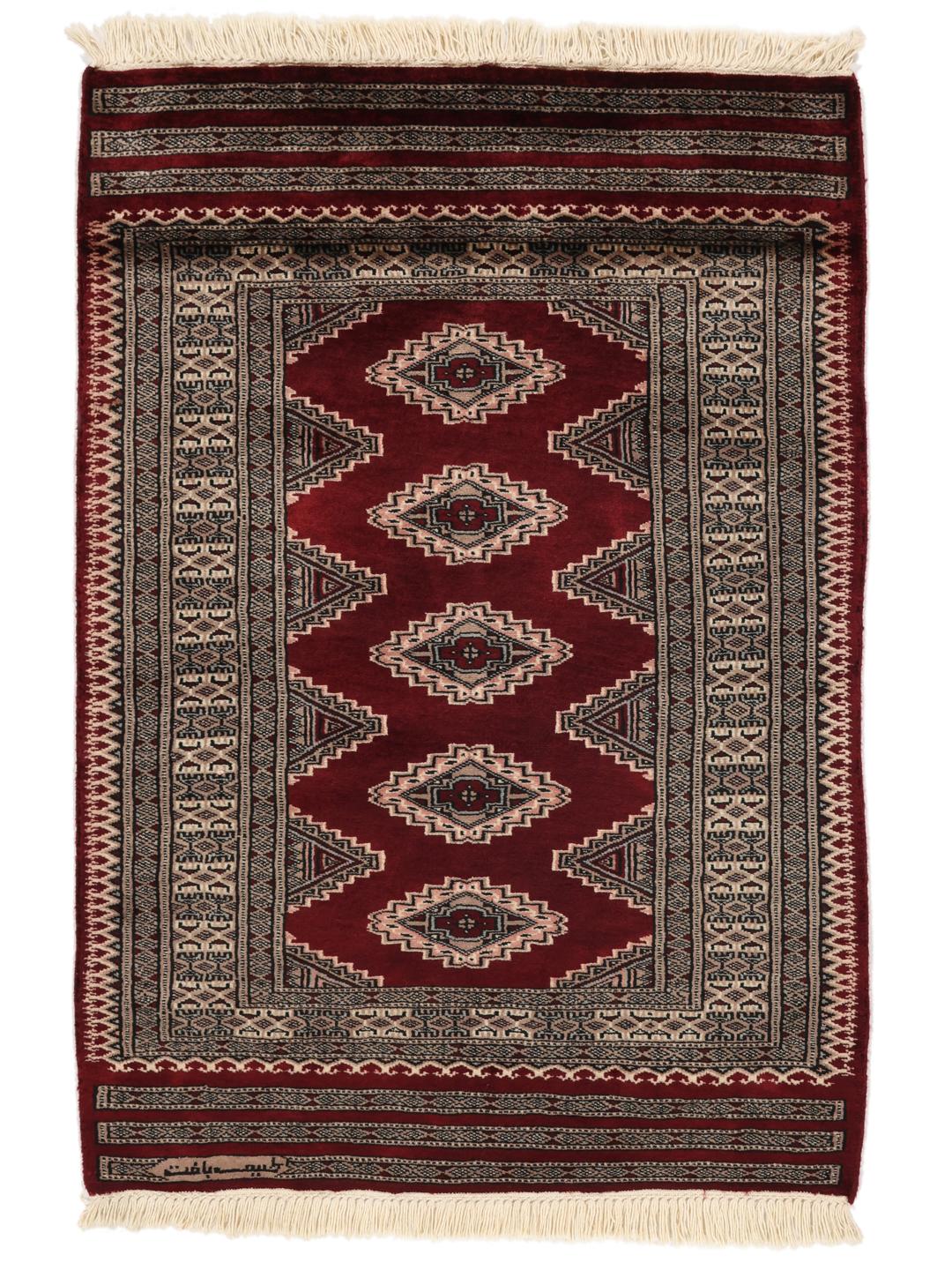 Hand-knotted Pakistan Bokhara rug in deep red with geometric medallions