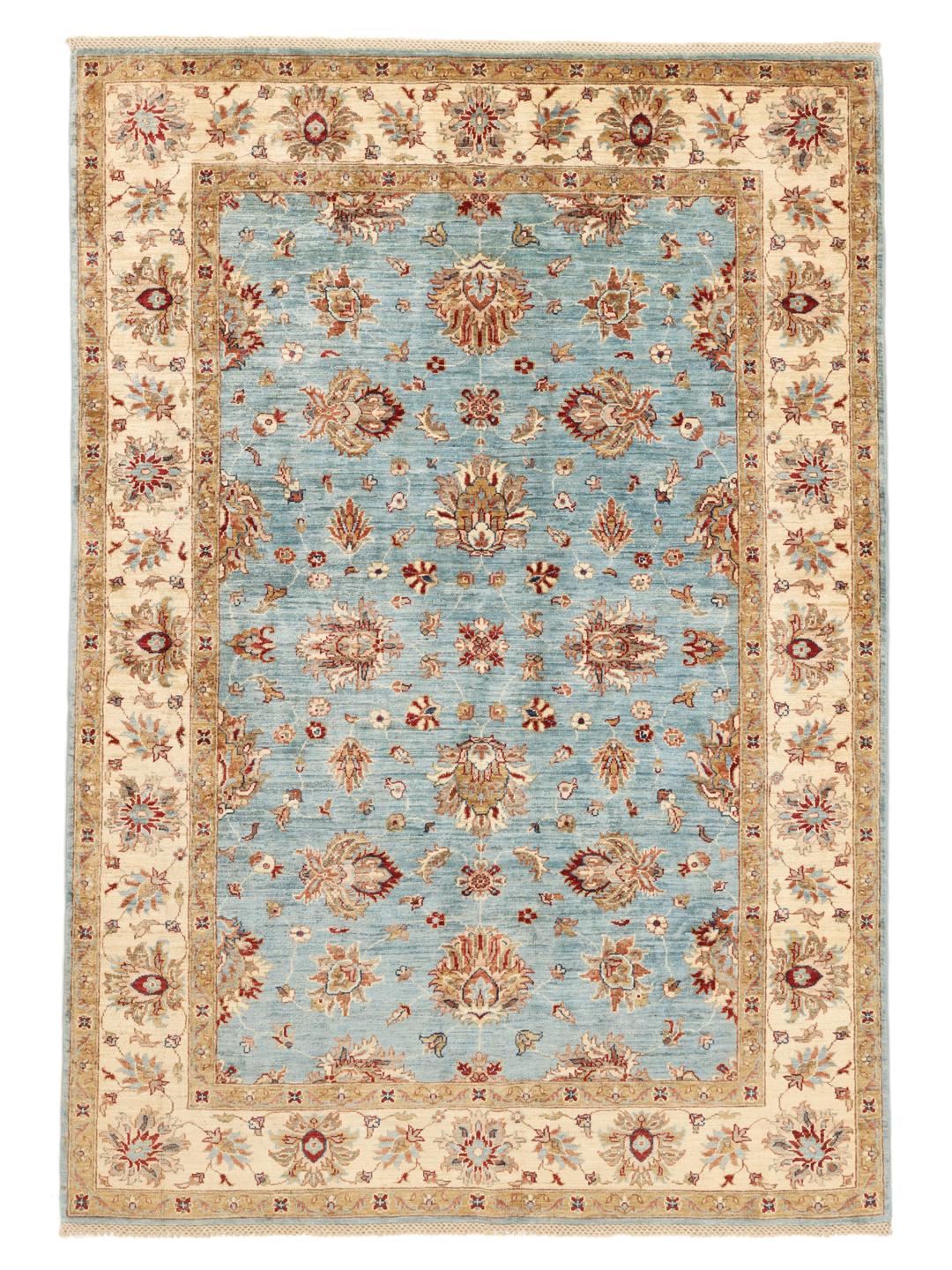 Håndknyttet Ziegler Fine tæppe fra Pakistan i blå og beige nuancer med blomstermønstre.