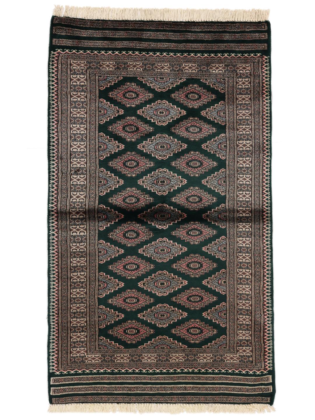 A hand-knotted Pakistan Bokhara rug with a dark green field and geometric patterns.