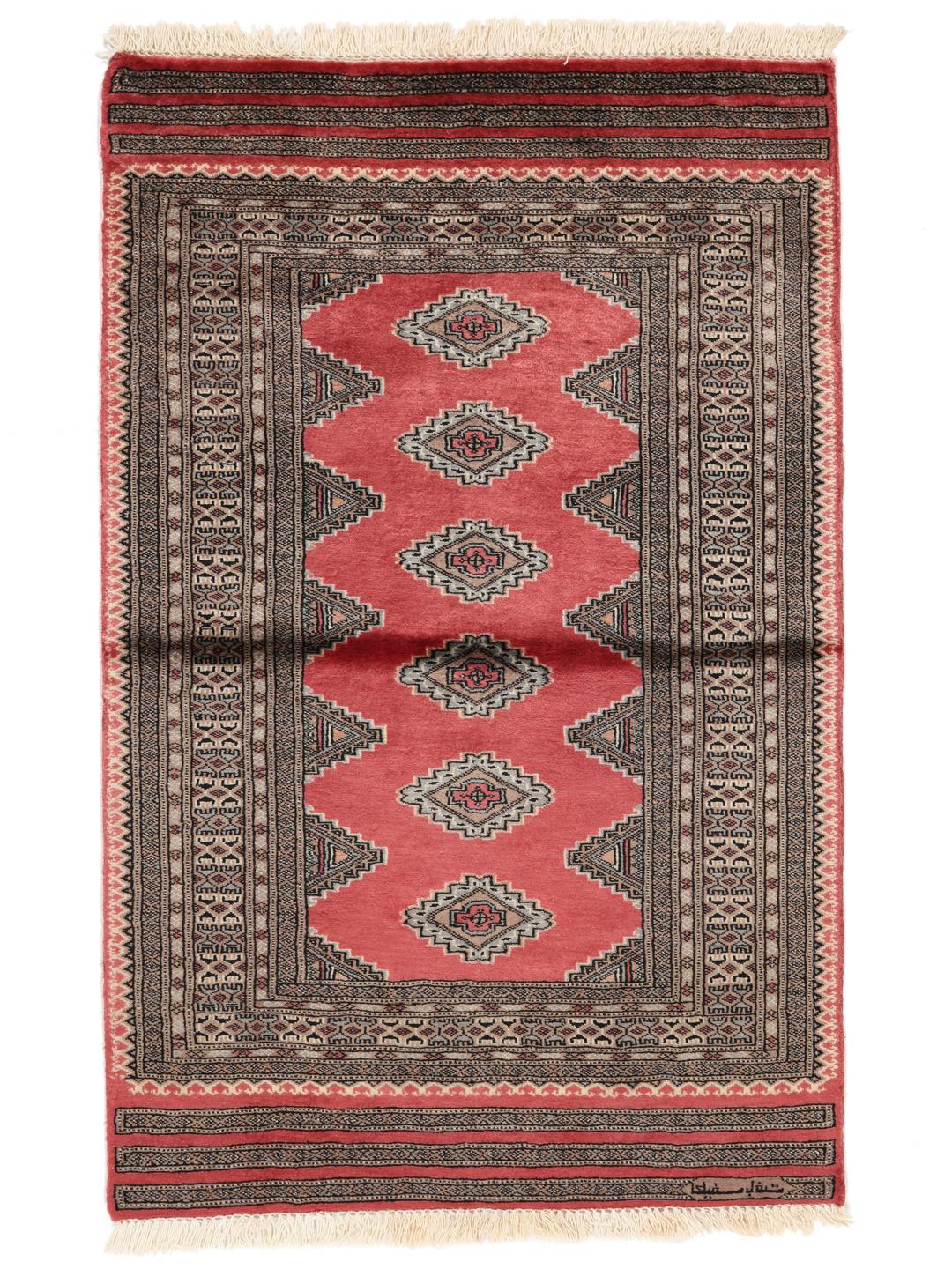 Hand-knotted red Pakistan Bokhara rug with geometric motifs