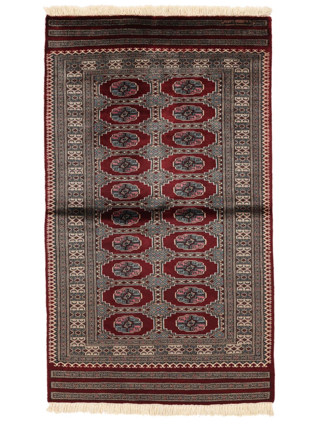 A hand-knotted Pakistan Bokhara rug with a dark-red field and classic geometric motifs.