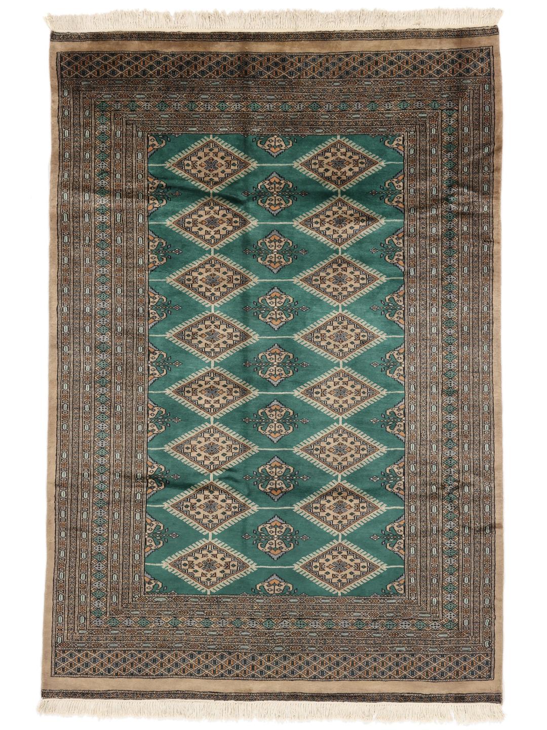 A hand-knotted Pakistan Bokhara rug with a vibrant green field and intricate diamond motifs.